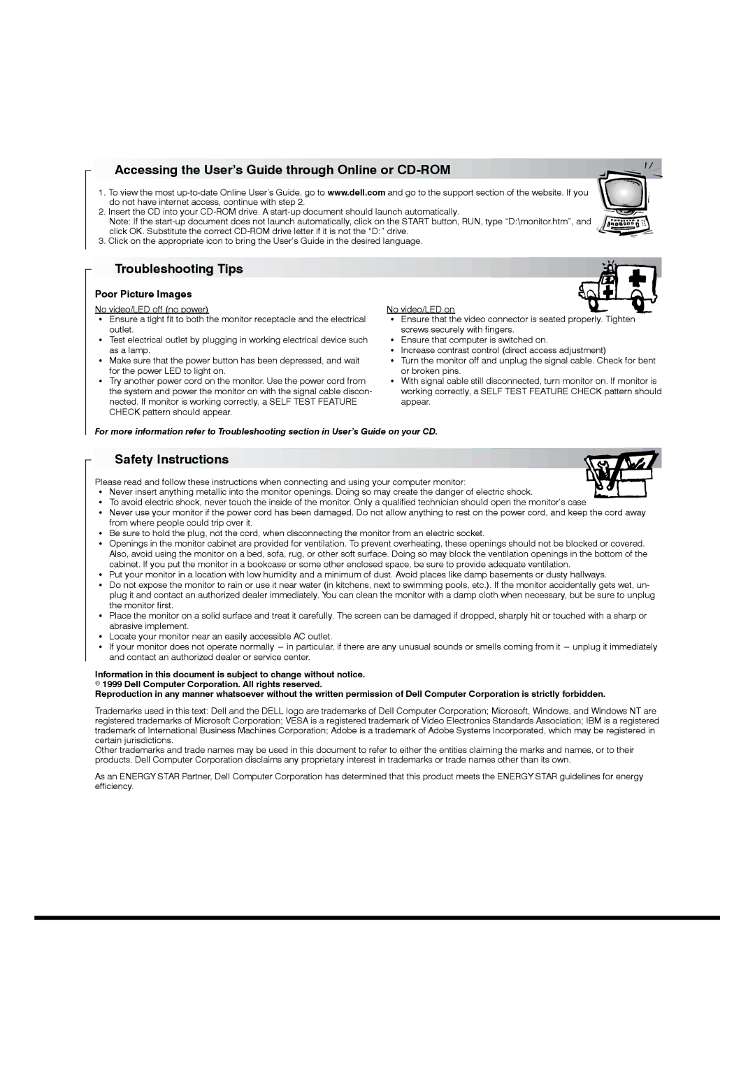 Dell P790 manual Accessing the User’s Guide through Online or CD-ROM, Troubleshooting Tips, Safety Instructions 