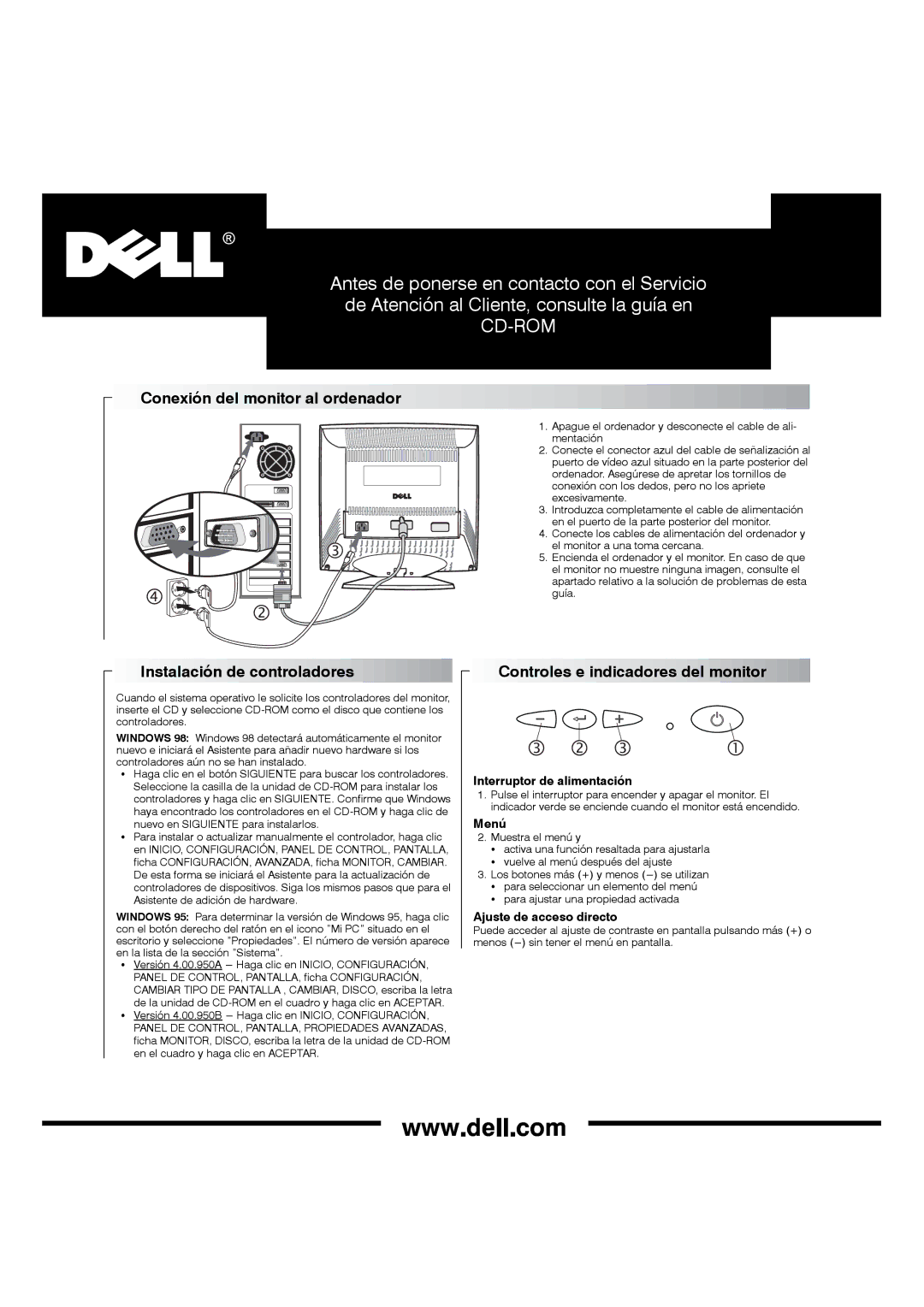 Dell P790 manual Conexión del monitor al ordenador, Interruptor de alimentación, Menú, Ajuste de acceso directo 