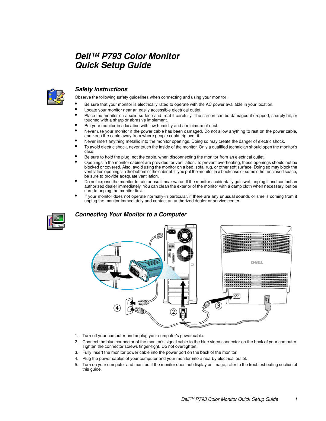 Dell P793 setup guide Safety Instructions, Connecting Your Monitor to a Computer 