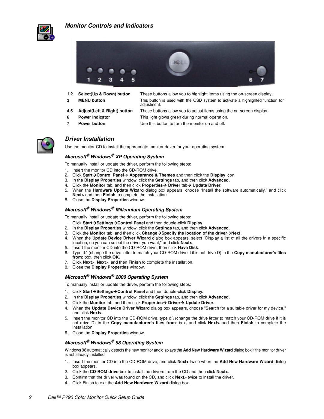 Dell P793 setup guide Monitor Controls and Indicators, Driver Installation 