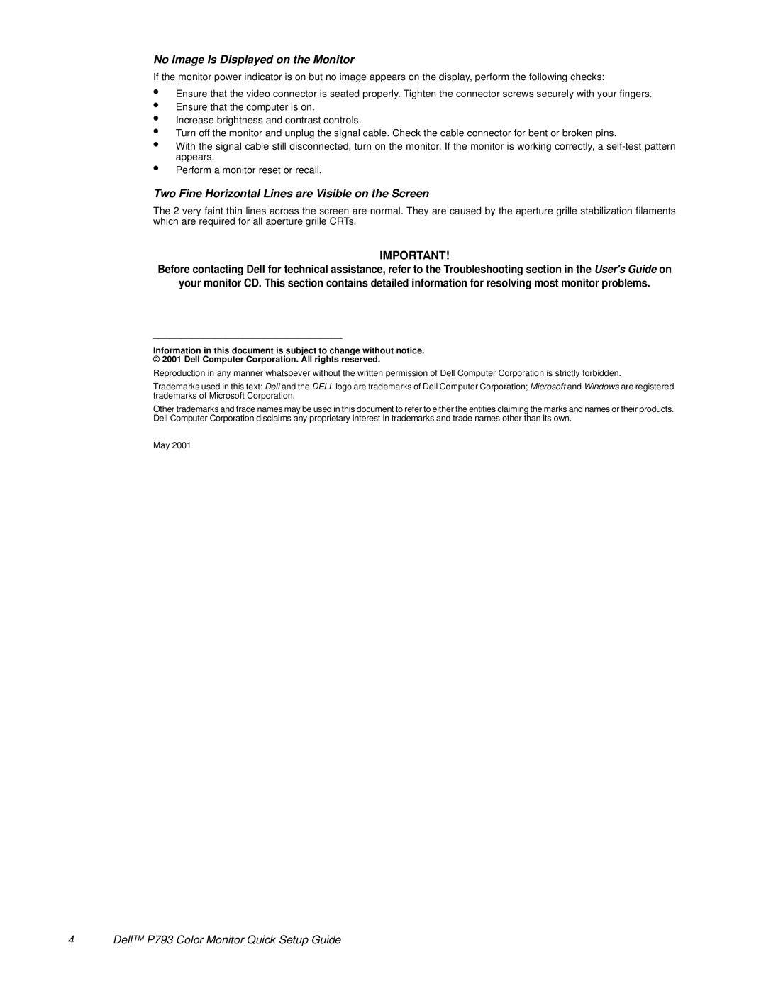 Dell P793 setup guide No Image Is Displayed on the Monitor, Two Fine Horizontal Lines are Visible on the Screen 