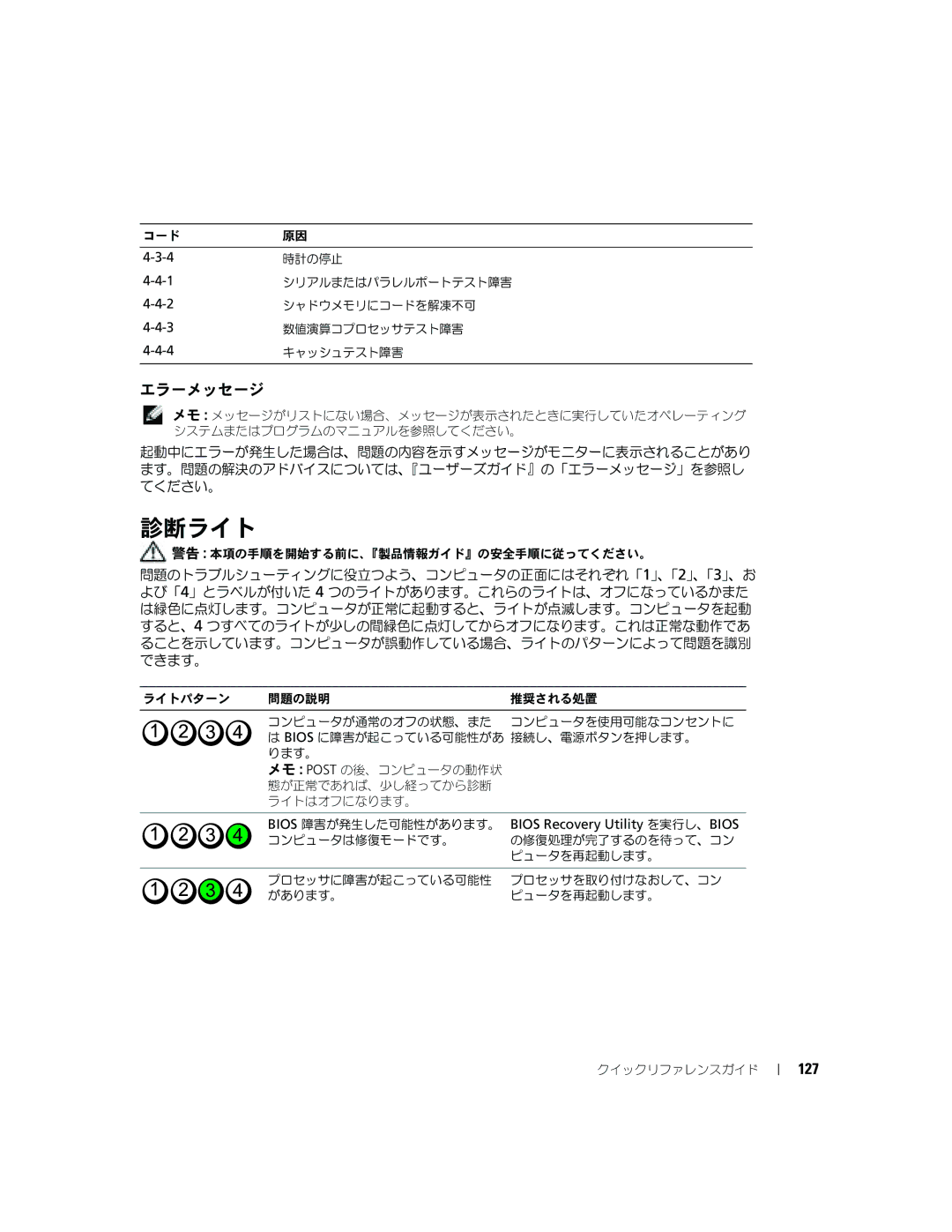 Dell P8189 manual 診断ライト, エラーメッセージ, 127, 4時計の停止, Bios 障害が発生した可能性があります。 Bios Recovery Utility を実行し、BIOS 