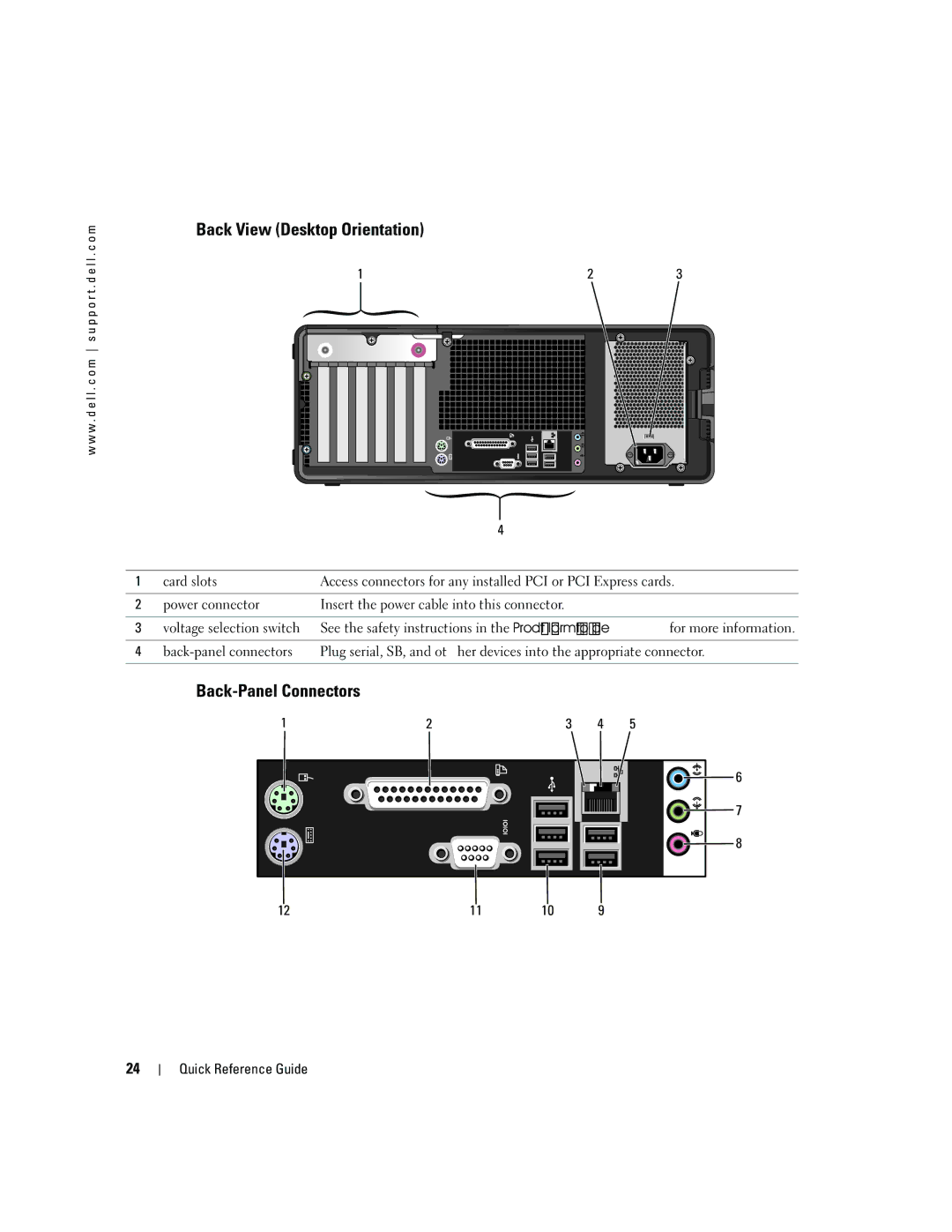 Dell P8189 manual Back View Desktop Orientation, Back-Panel Connectors 