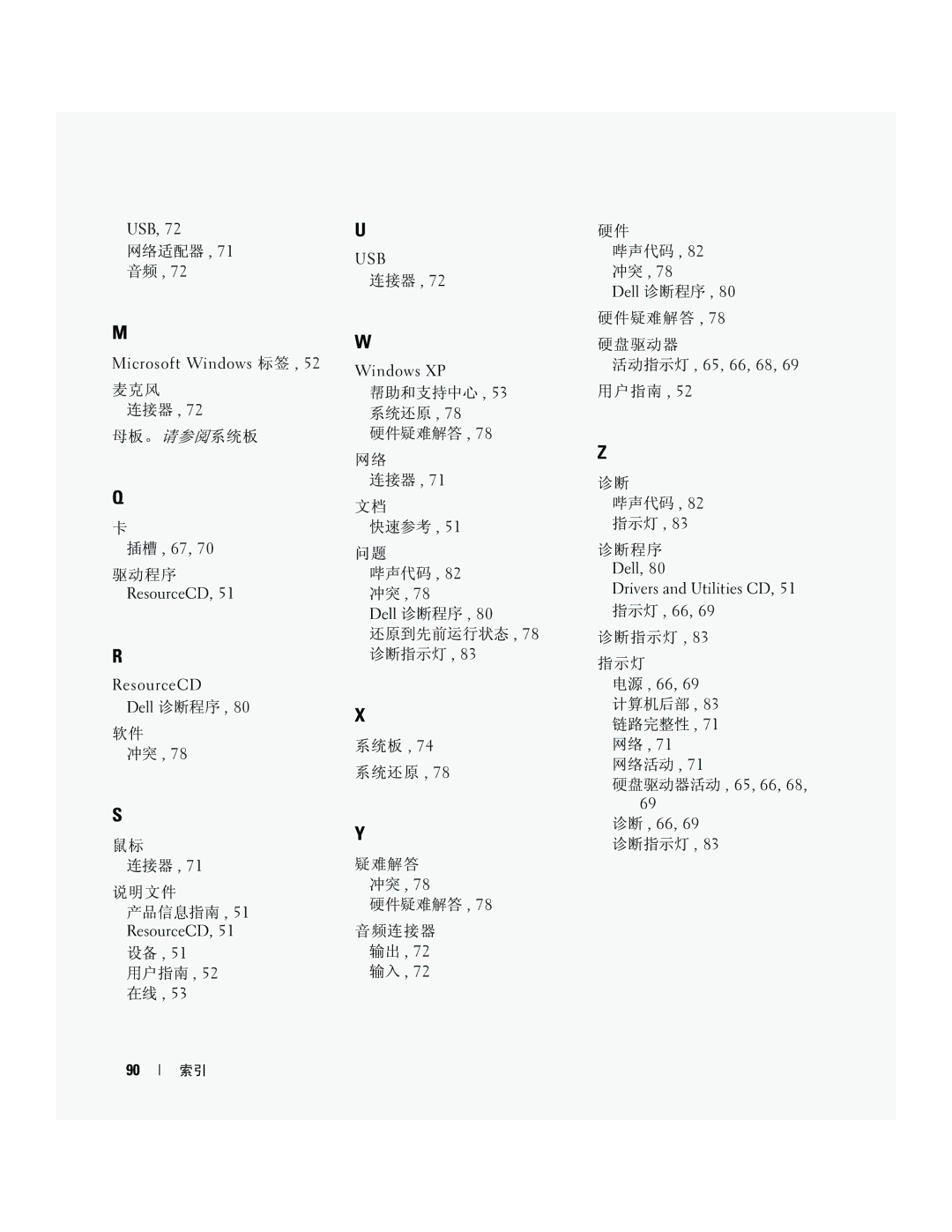 Dell P8189 manual 网络适配器, 麦克风 连接器 母板。请参阅系统板, 驱动程序 ResourceCD, 帮助和支持中心 , 53 系统还原 硬件疑难解答 连接器 快速参考 哔声代码 , 82 冲突, 诊断指示灯 