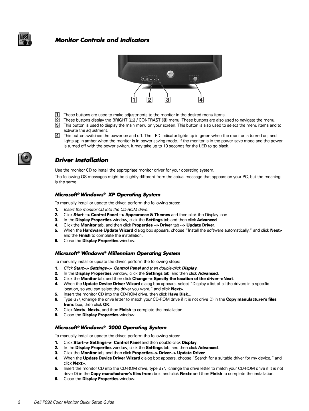 Dell P992 specifications Monitor Controls and Indicators, Driver Installation, Microsoft Windows XP Operating System 