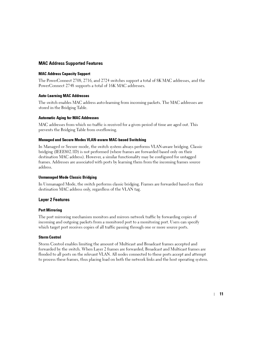 Dell PC2724, PC2748, PC2708, PC2716 manual MAC Address Supported Features, Layer 2 Features 