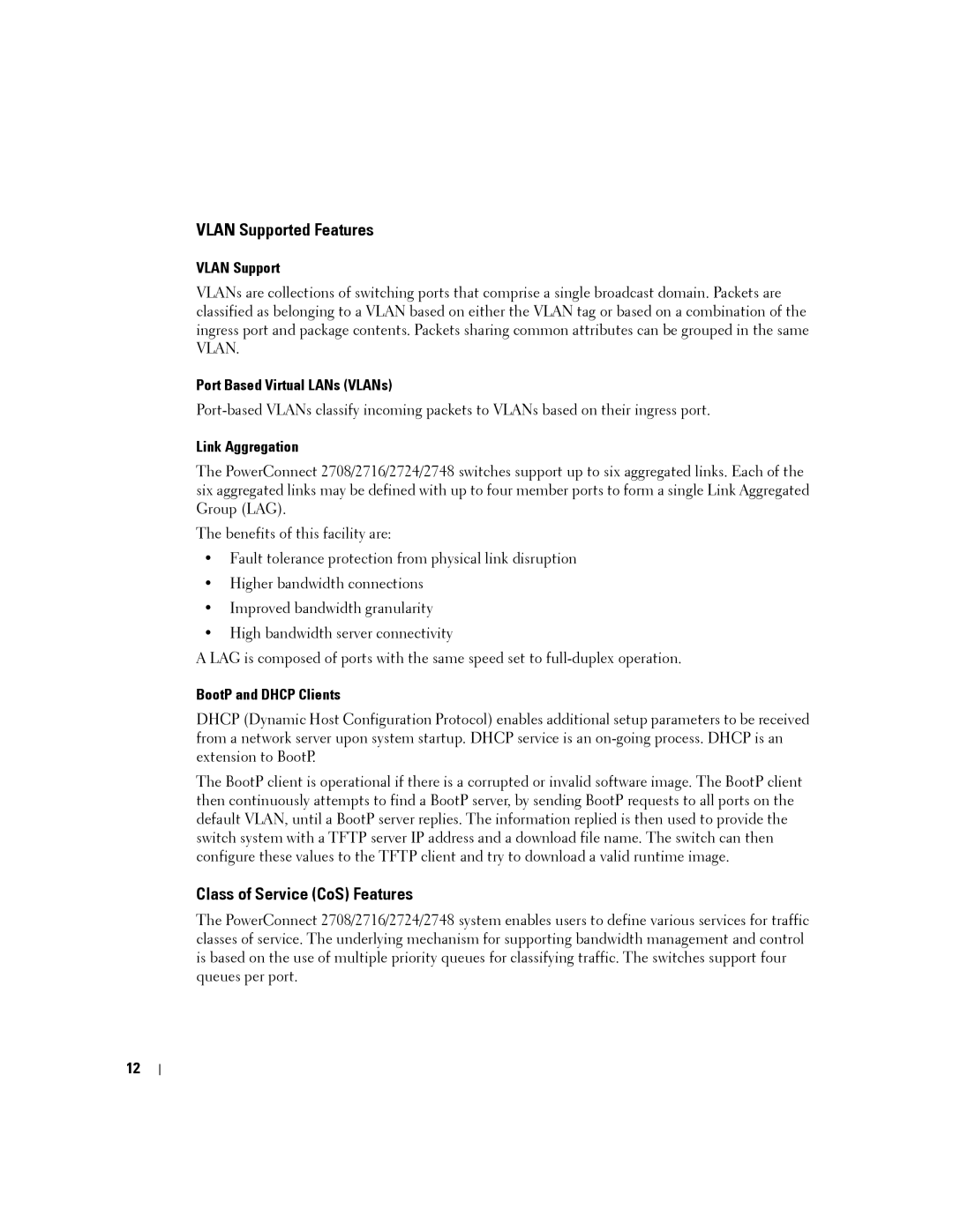 Dell PC2748, PC2708, PC2716, PC2724 manual Vlan Supported Features, Class of Service CoS Features 