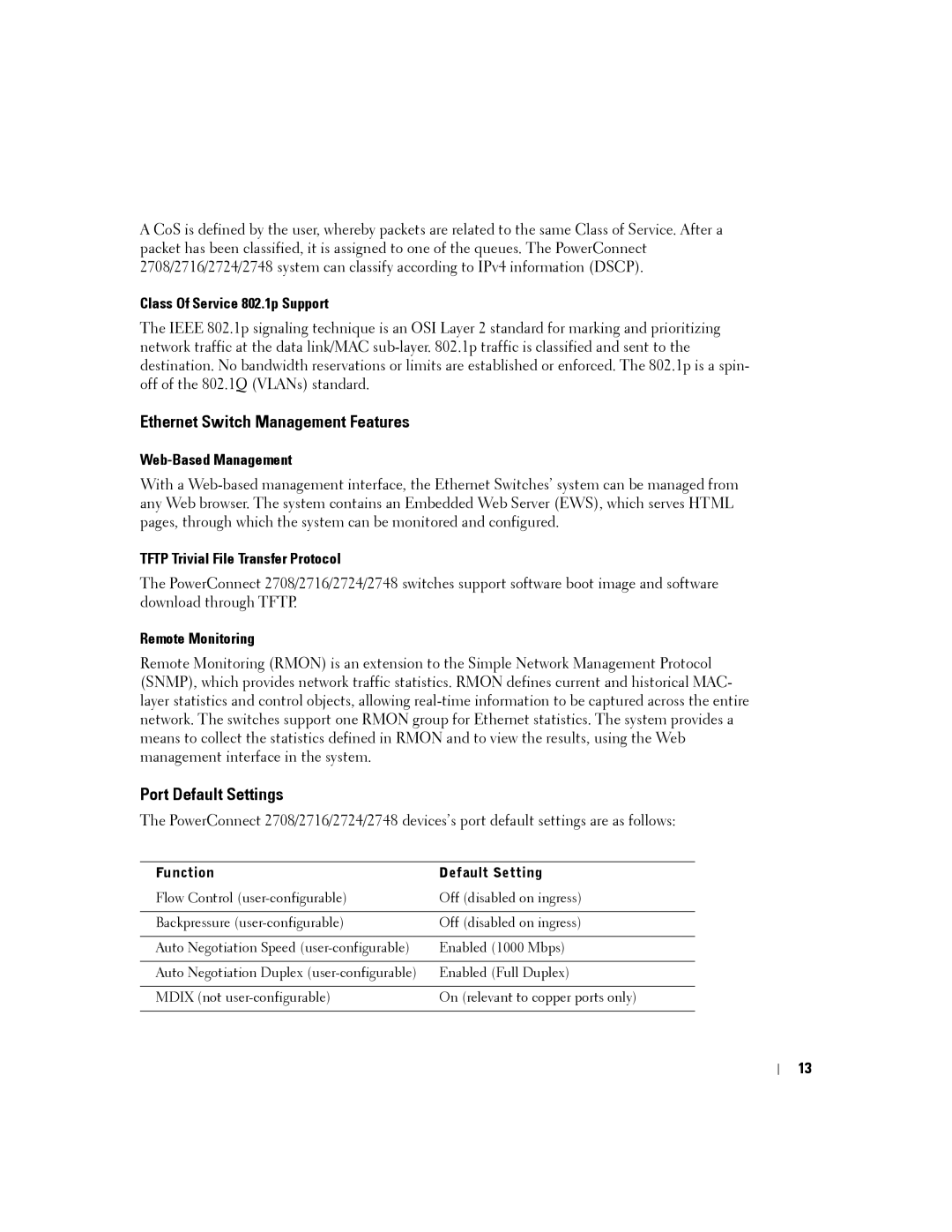 Dell PC2708, PC2748, PC2716, PC2724 manual Ethernet Switch Management Features, Port Default Settings 