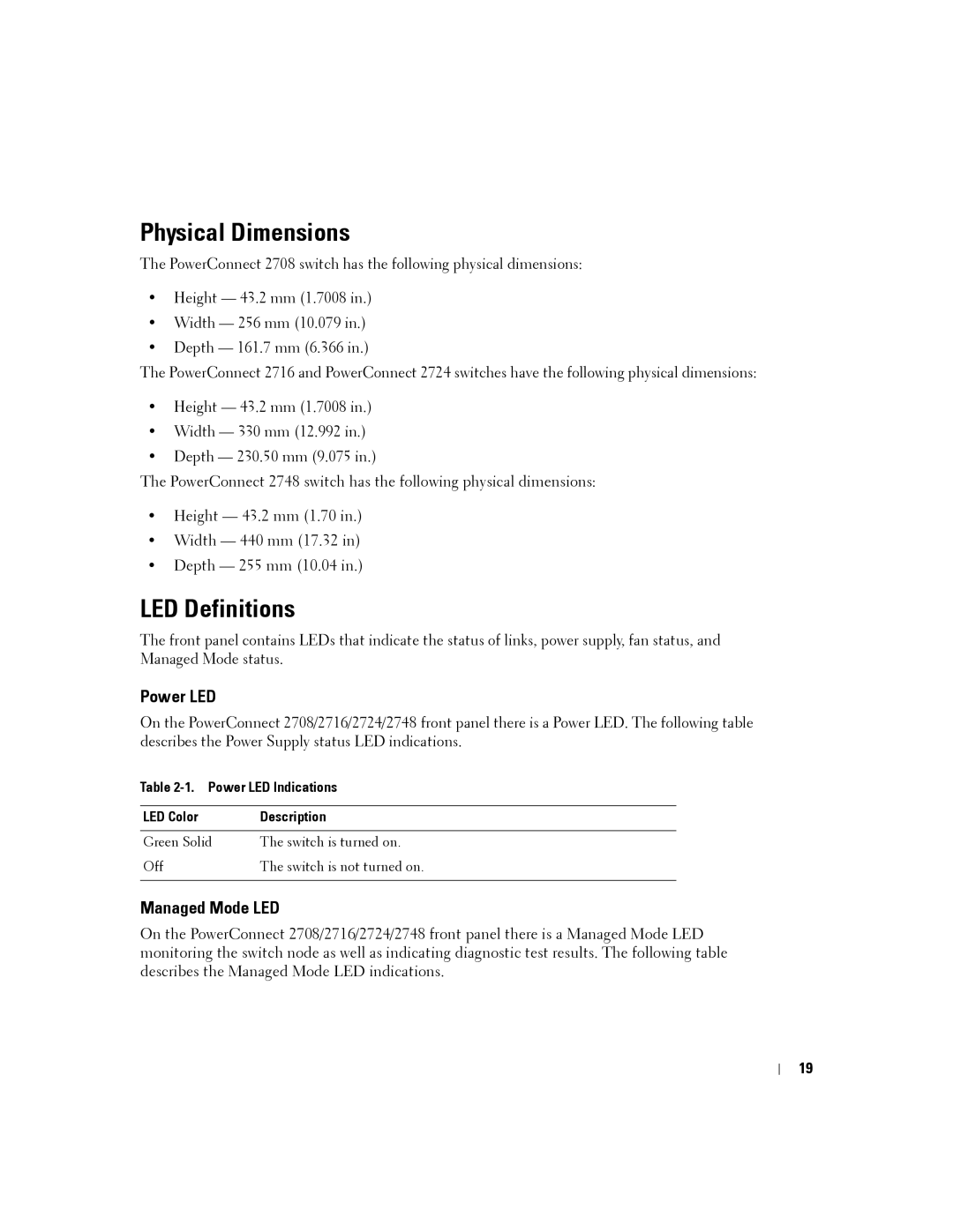 Dell PC2724, PC2748, PC2708, PC2716 manual Physical Dimensions, LED Definitions, Power LED, Managed Mode LED 