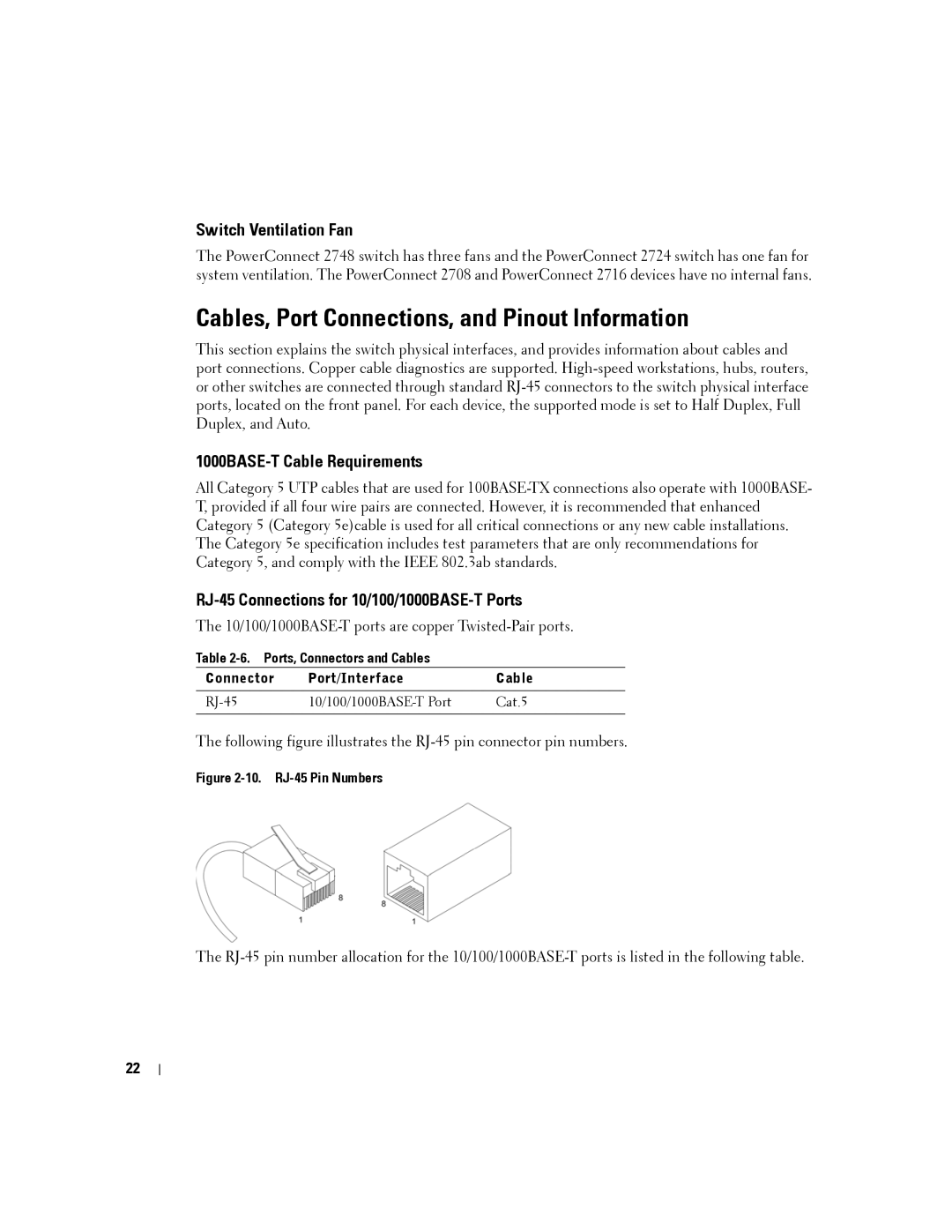 Dell PC2716 manual Cables, Port Connections, and Pinout Information, Switch Ventilation Fan, 1000BASE-T Cable Requirements 