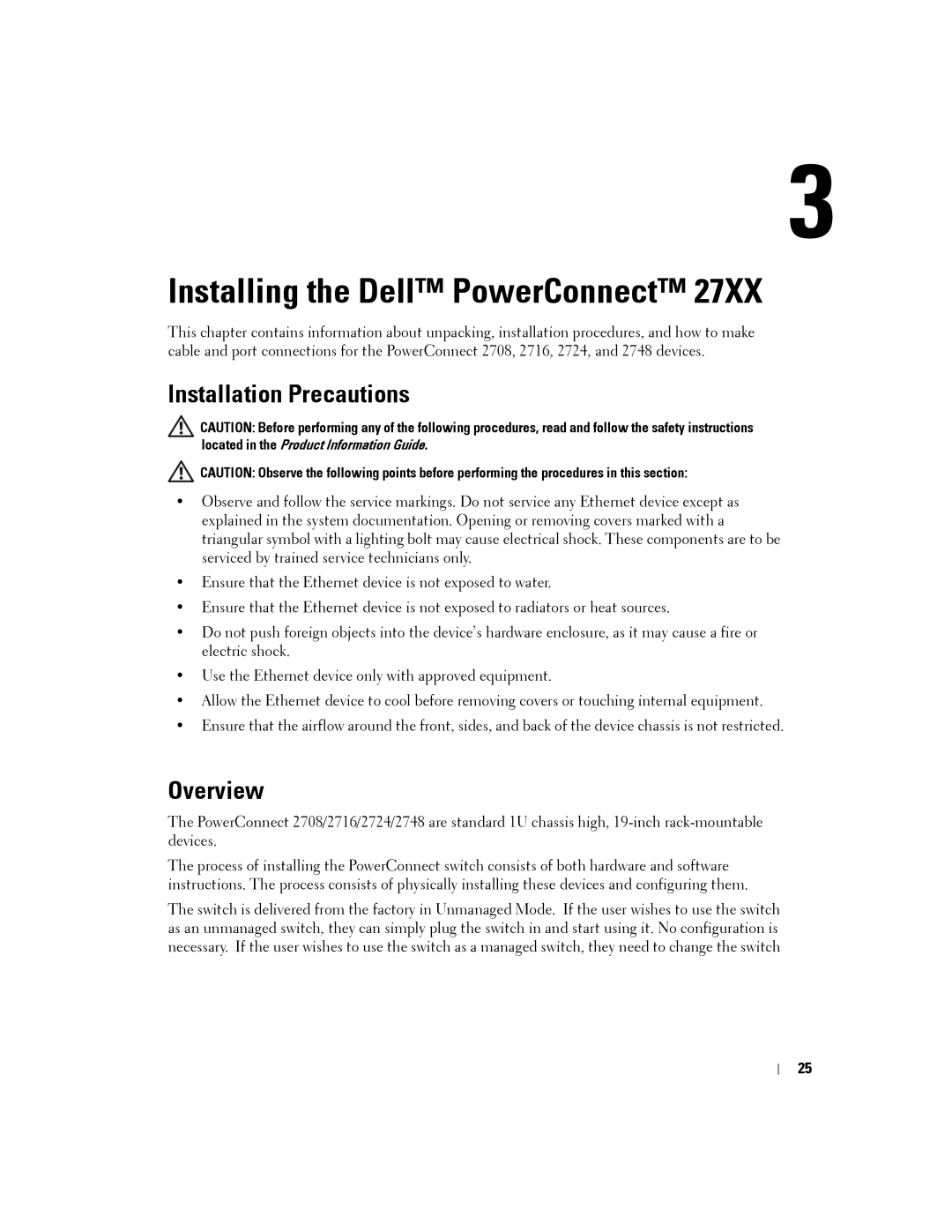 Dell PC2708, PC2748, PC2716, PC2724 manual Installing the Dell PowerConnect, Installation Precautions, Overview 