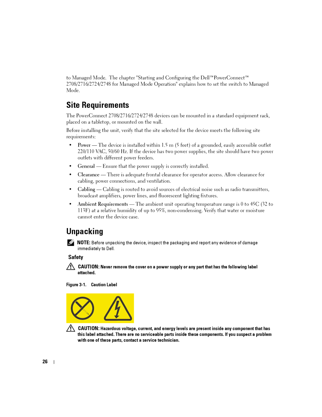 Dell PC2716, PC2748, PC2708, PC2724 manual Site Requirements, Unpacking, Safety 