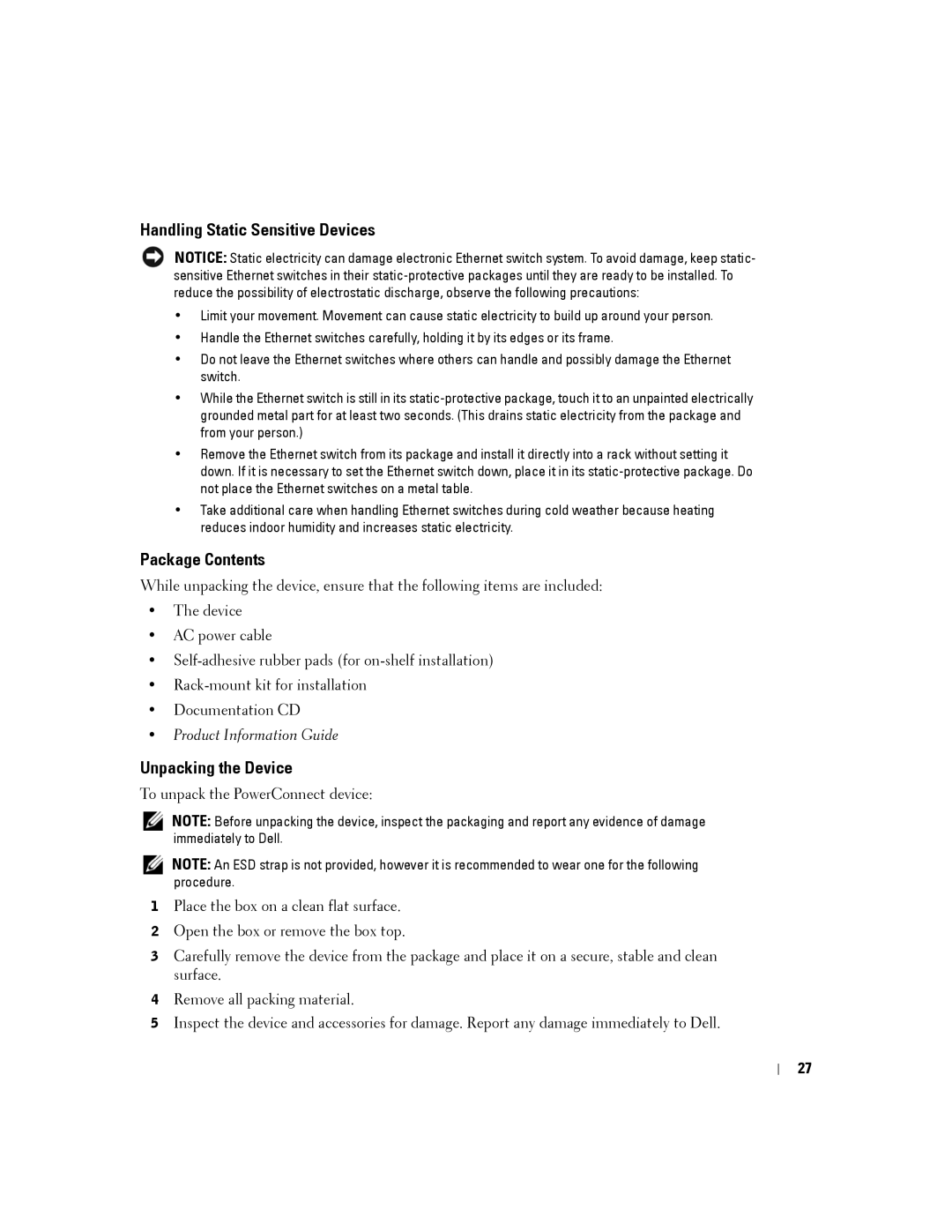 Dell PC2724, PC2748, PC2708, PC2716 manual Handling Static Sensitive Devices, Package Contents, Unpacking the Device 