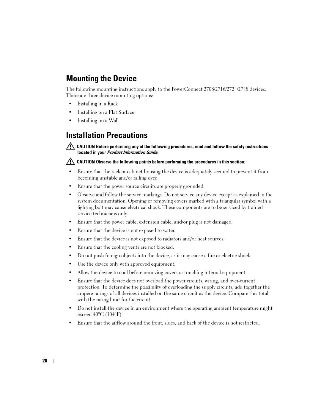 Dell PC2748, PC2708, PC2716, PC2724 manual Mounting the Device, Installation Precautions 