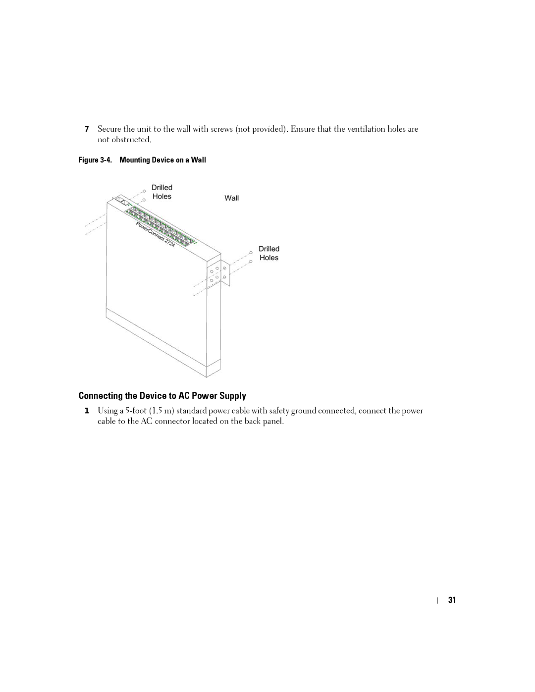 Dell PC2724, PC2748, PC2708, PC2716 manual Connecting the Device to AC Power Supply, Mounting Device on a Wall 