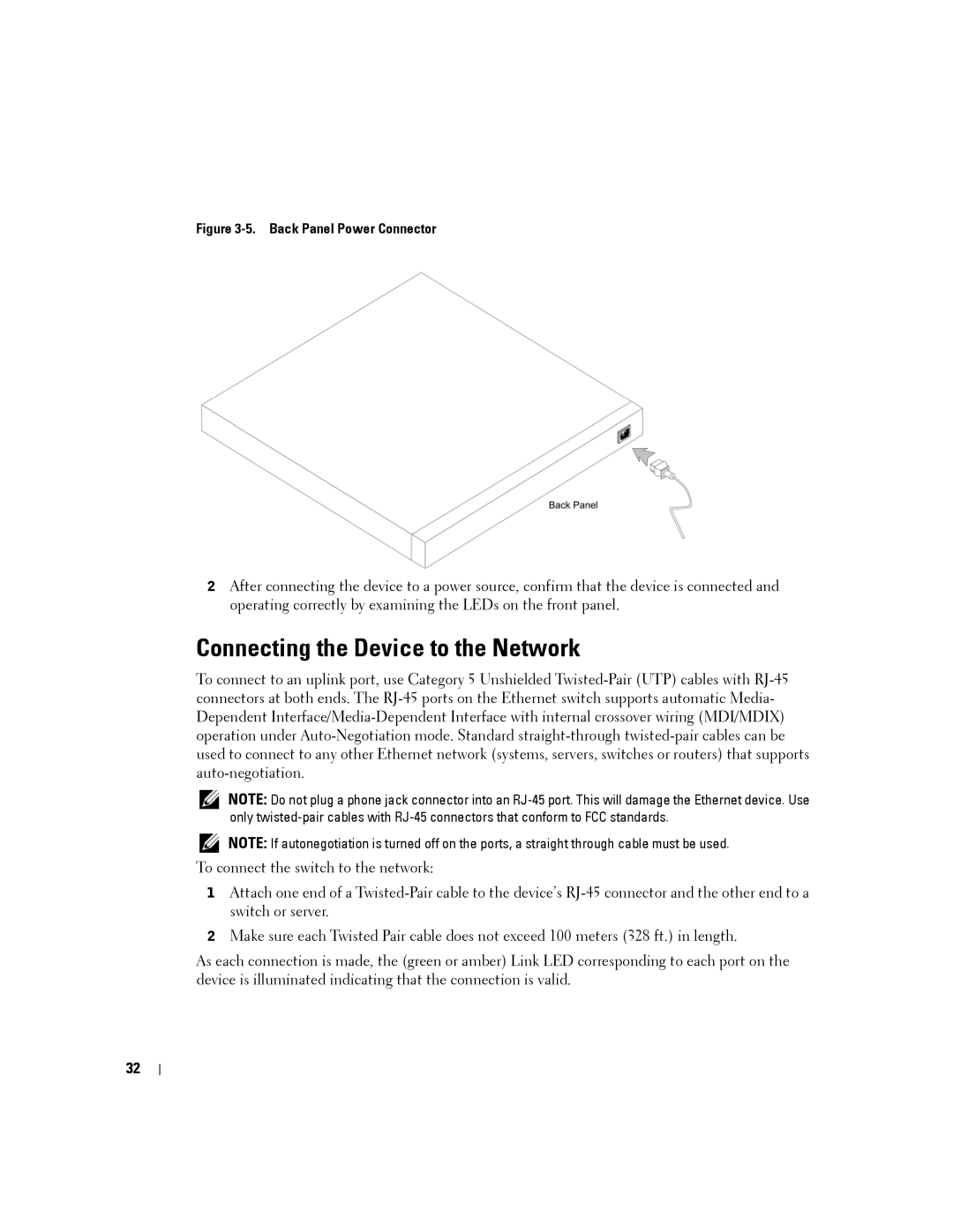 Dell PC2748, PC2708, PC2716, PC2724 manual Connecting the Device to the Network, Back Panel Power Connector 