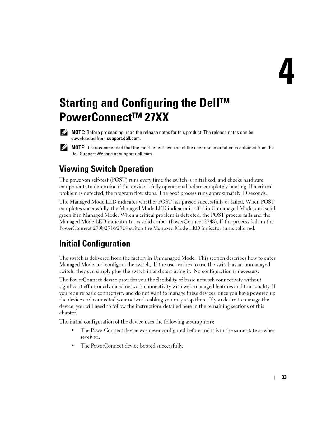 Dell PC2708, PC2748, PC2716 Starting and Configuring the Dell PowerConnect, Viewing Switch Operation, Initial Configuration 