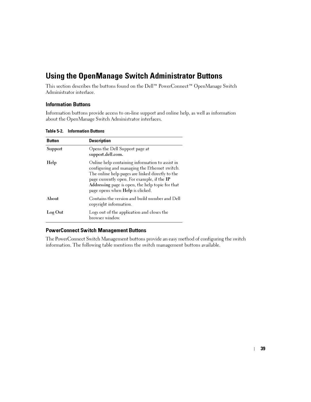 Dell PC2724 Using the OpenManage Switch Administrator Buttons, Information Buttons, PowerConnect Switch Management Buttons 