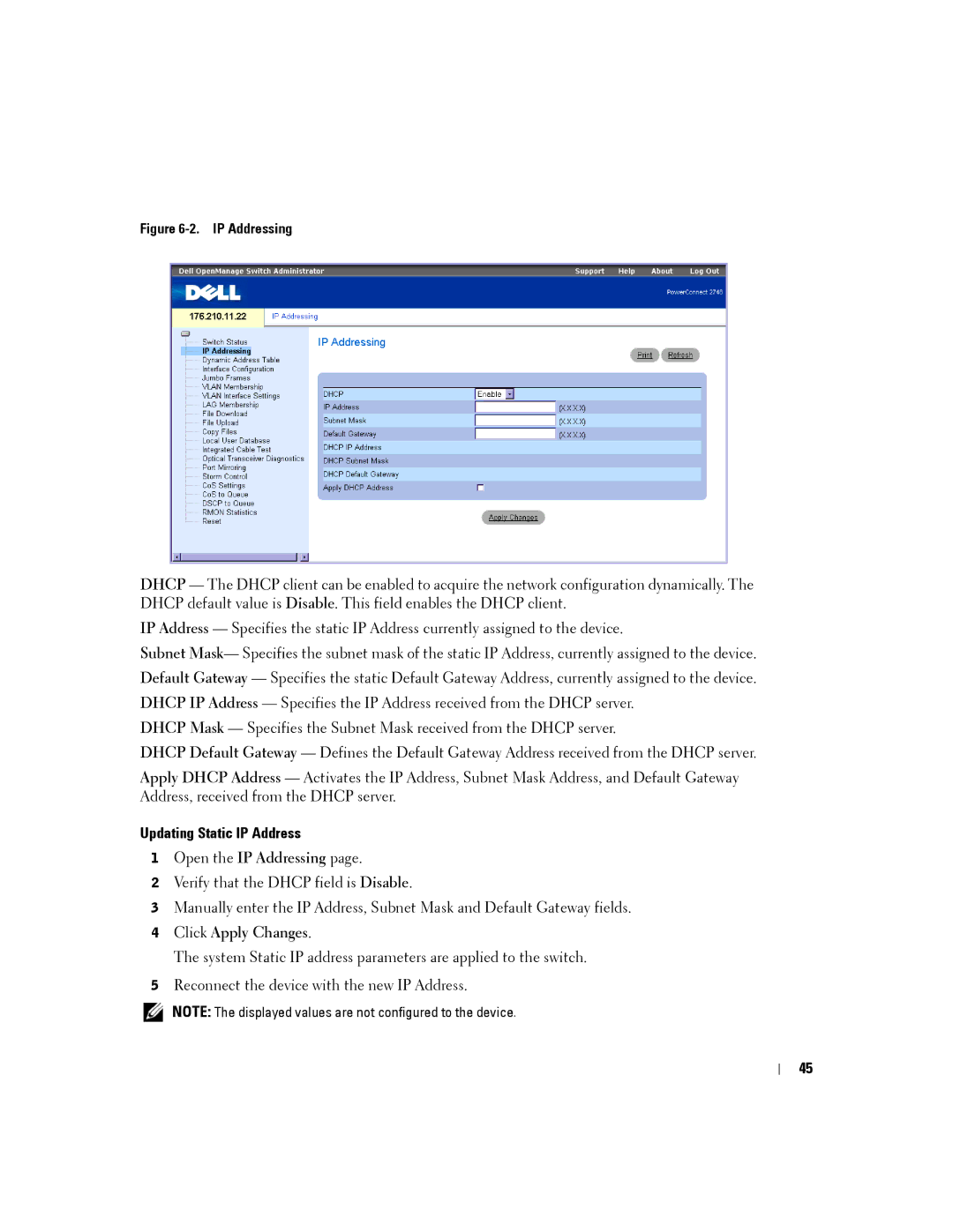 Dell PC2708, PC2748, PC2716, PC2724 manual Updating Static IP Address, IP Addressing 