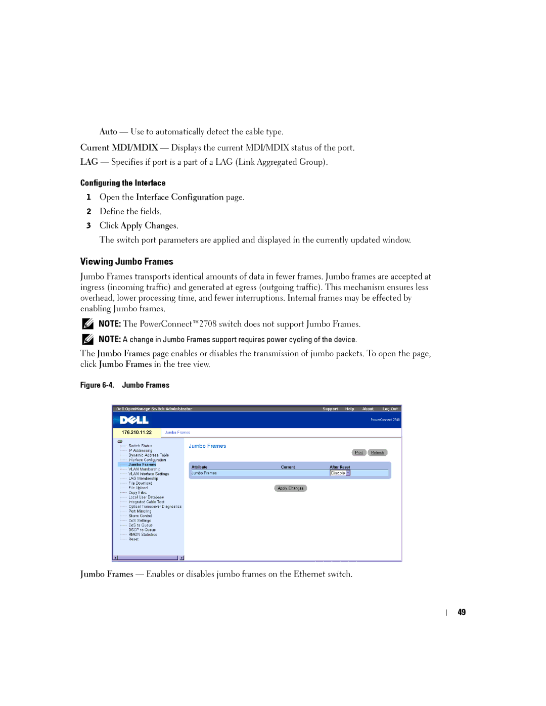 Dell PC2708, PC2748, PC2716, PC2724 manual Viewing Jumbo Frames, Configuring the Interface, Open the Interface Configuration 