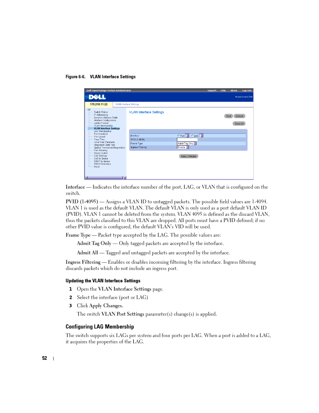 Dell PC2748, PC2708 Configuring LAG Membership, Updating the Vlan Interface Settings, Open the Vlan Interface Settings 