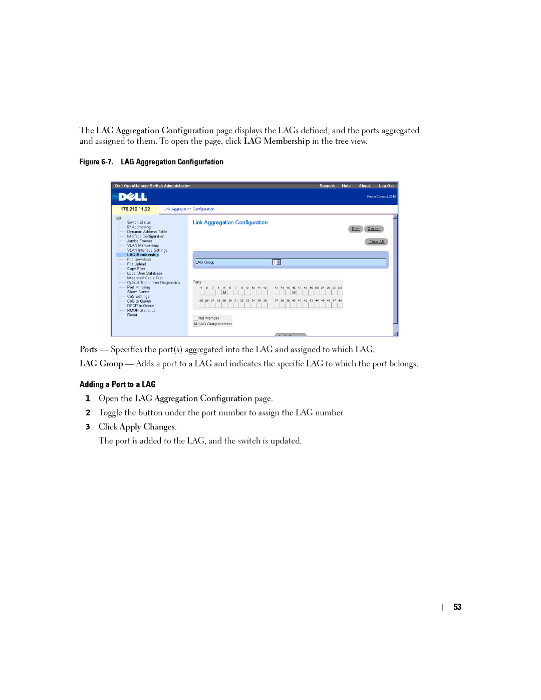 Dell PC2708, PC2748, PC2716, PC2724 manual Adding a Port to a LAG, Open the LAG Aggregation Configuration 