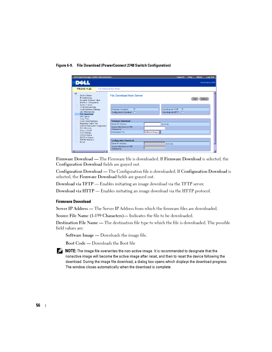 Dell PC2748, PC2708, PC2716, PC2724 manual Firmware Download, File Download PowerConnect 2748 Switch Configuration 