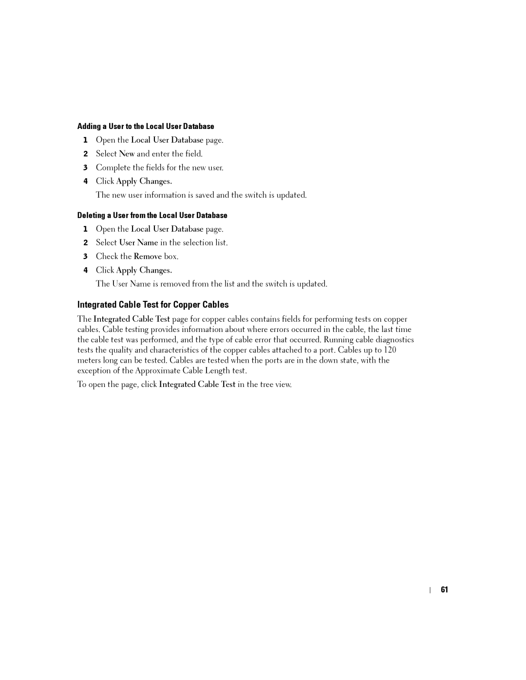 Dell PC2708, PC2748, PC2716, PC2724 manual Integrated Cable Test for Copper Cables, Adding a User to the Local User Database 