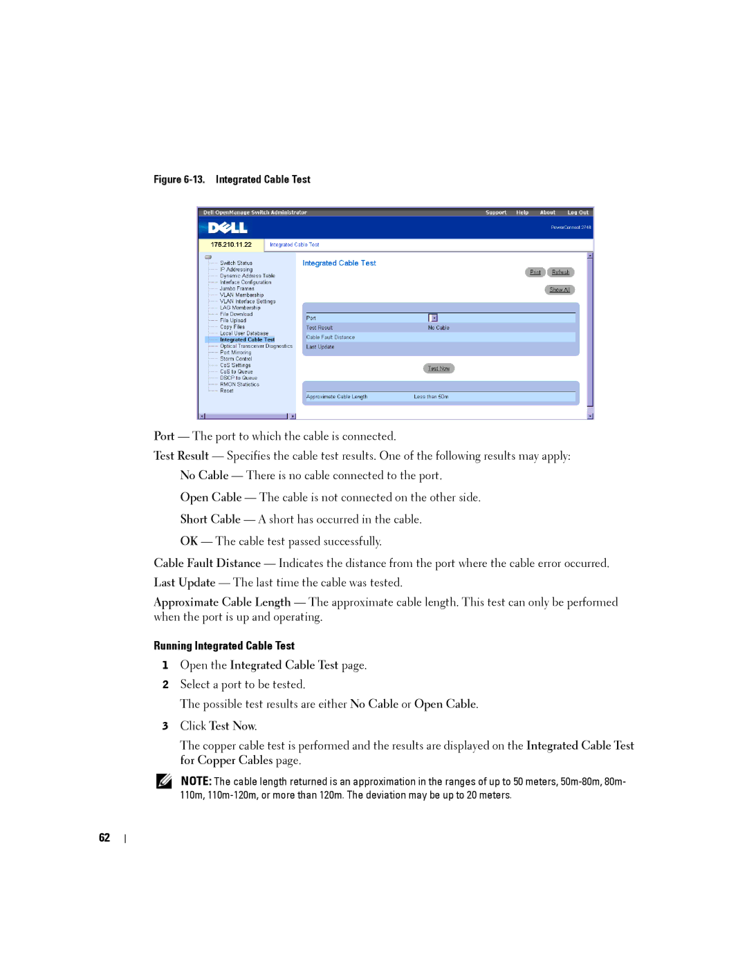 Dell PC2716, PC2748, PC2708, PC2724 manual Running Integrated Cable Test, Open the Integrated Cable Test, Click Test Now 