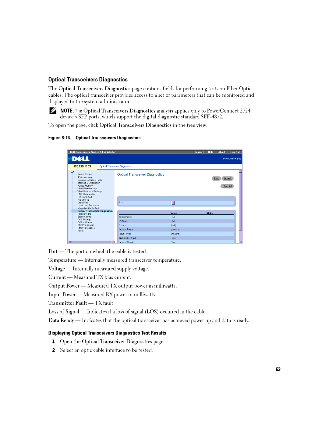 Dell PC2724, PC2748 Displaying Optical Transceivers Diagnostics Test Results, Open the Optical Transceiver Diagnostics 