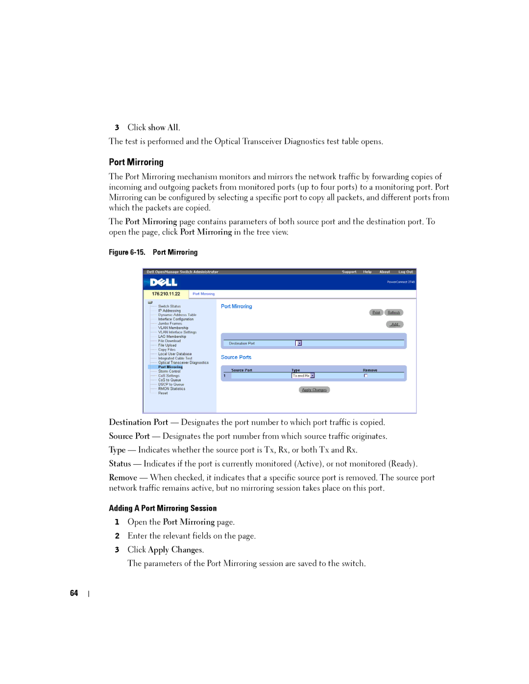 Dell PC2748, PC2708, PC2716, PC2724 manual Click show All, Adding a Port Mirroring Session, Open the Port Mirroring 