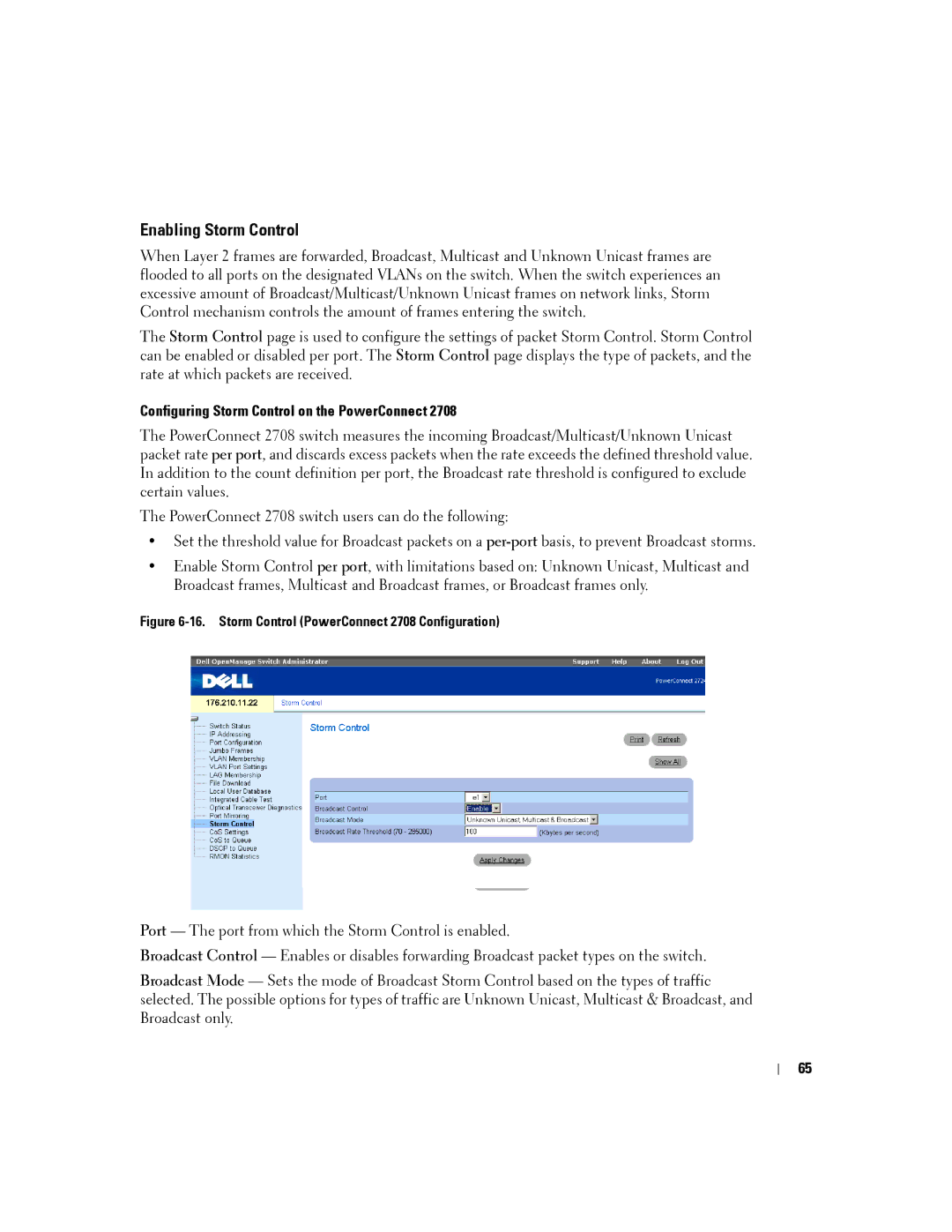 Dell PC2708, PC2748, PC2716, PC2724 manual Enabling Storm Control, Configuring Storm Control on the PowerConnect 