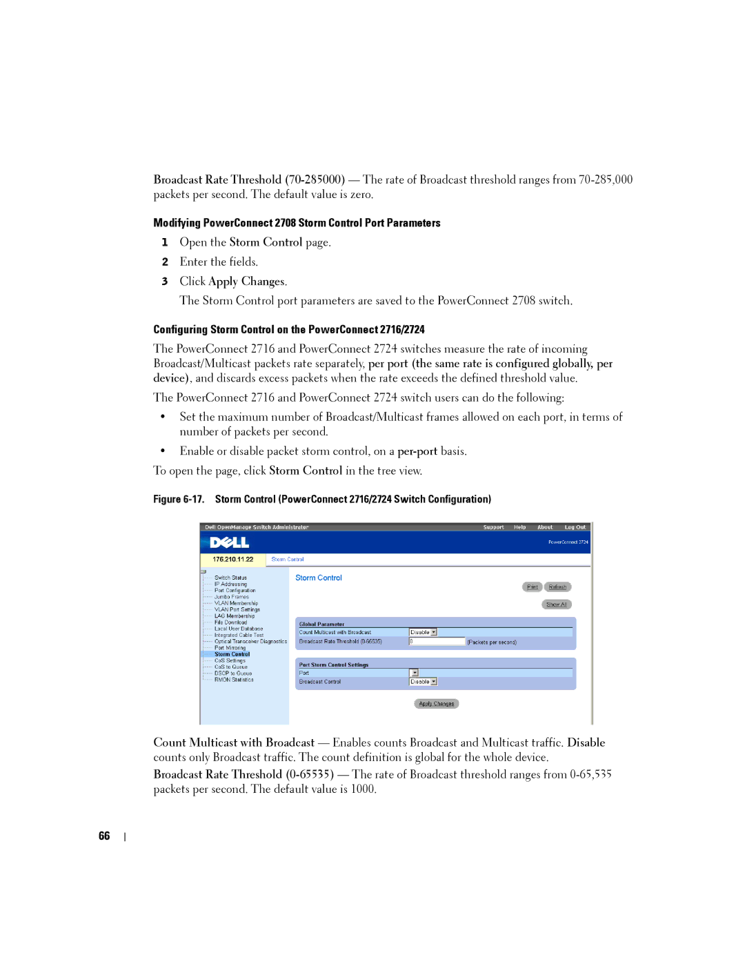 Dell PC2716, PC2748, PC2708, PC2724 manual Modifying PowerConnect 2708 Storm Control Port Parameters 