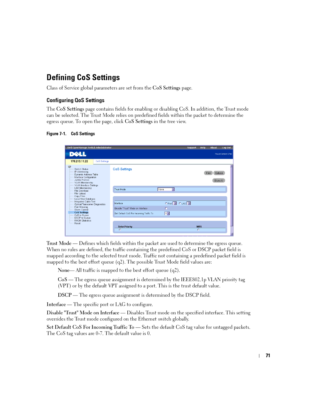 Dell PC2724, PC2748, PC2708, PC2716 manual Defining CoS Settings, Configuring QoS Settings 