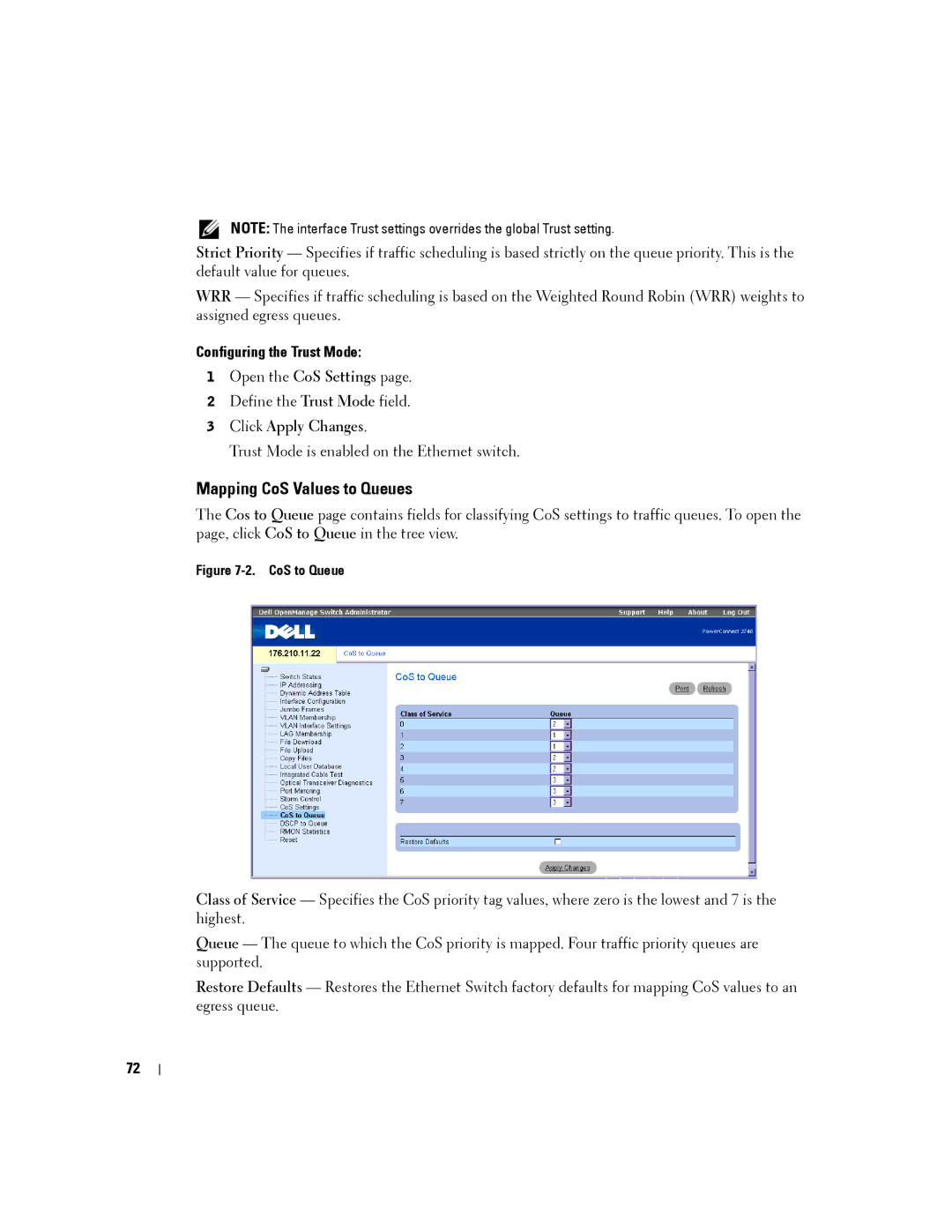 Dell PC2748, PC2708, PC2716, PC2724 manual Mapping CoS Values to Queues, Configuring the Trust Mode 