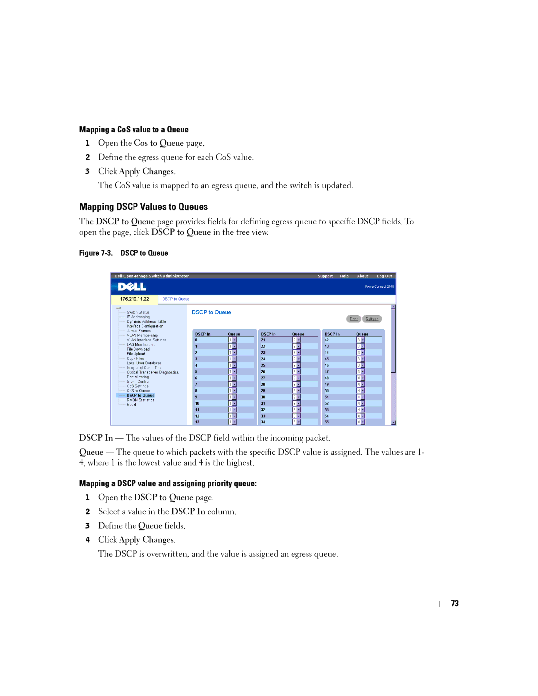 Dell PC2708, PC2748, PC2716, PC2724 manual Mapping Dscp Values to Queues, Mapping a CoS value to a Queue 