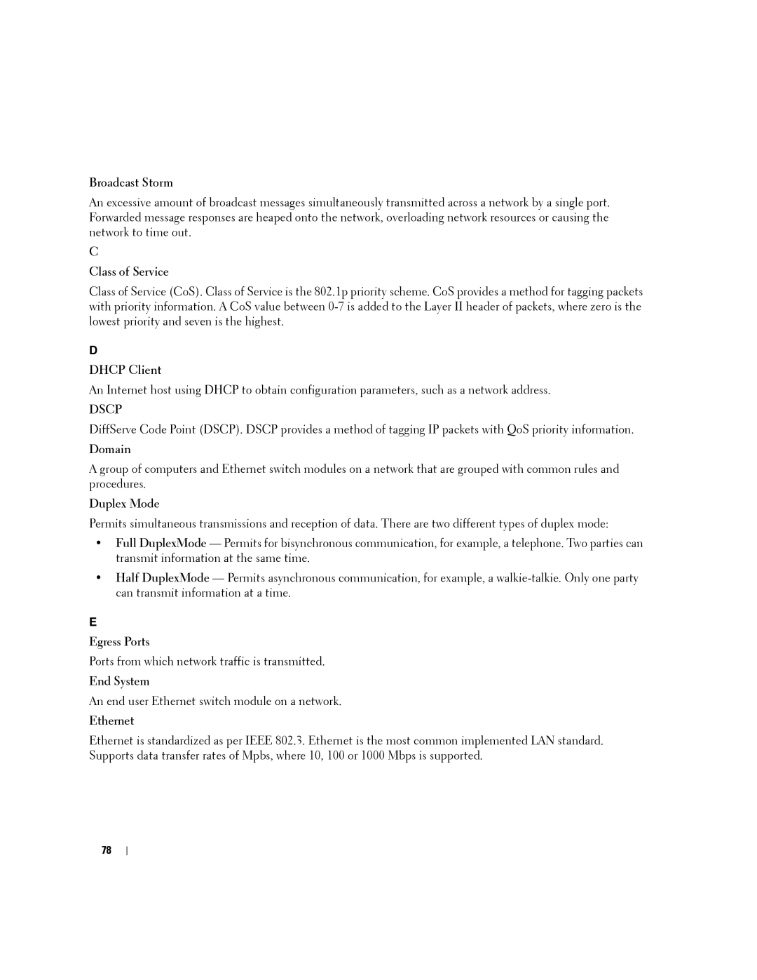 Dell PC2716 manual Broadcast Storm, Class of Service, Dhcp Client, Domain, Duplex Mode, Egress Ports, End System, Ethernet 