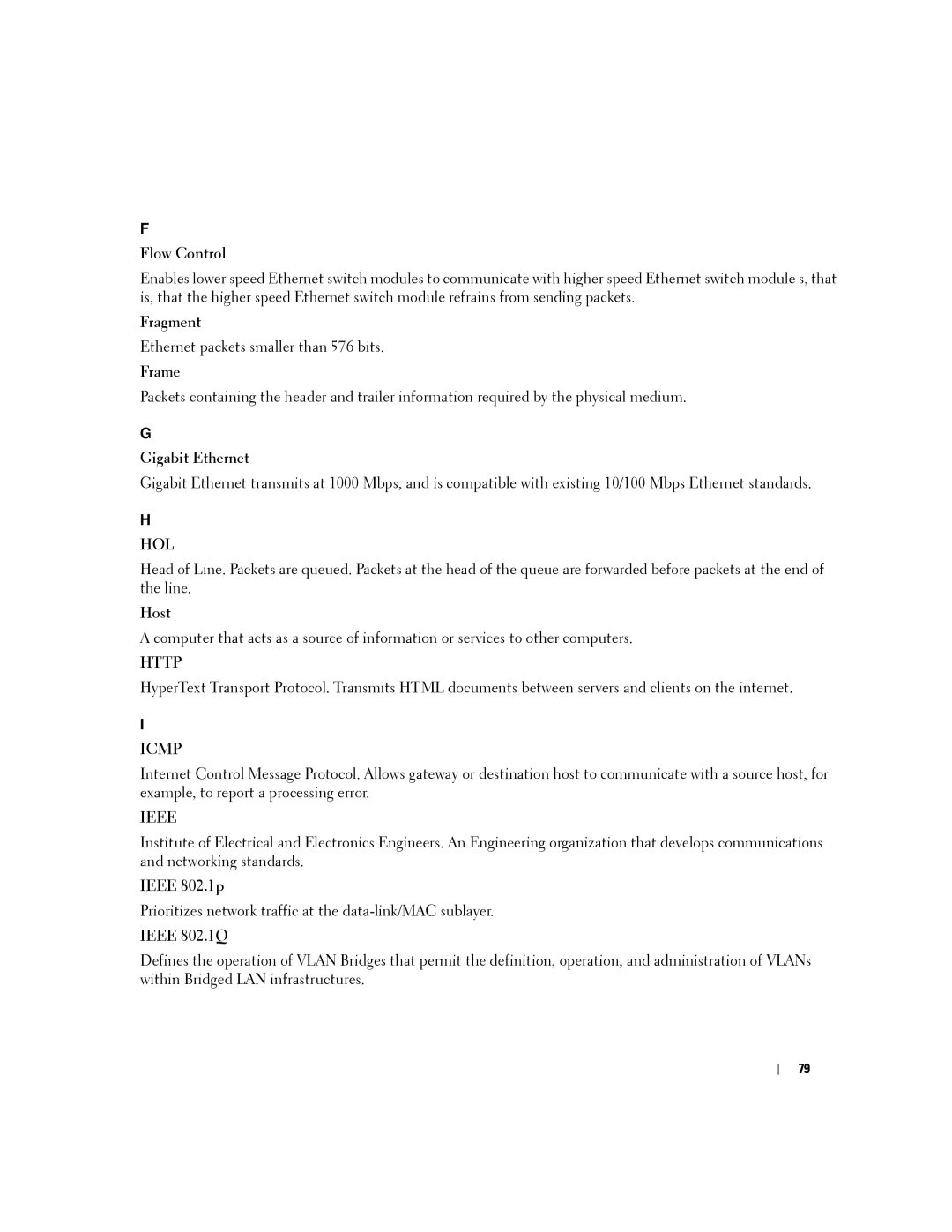 Dell PC2724, PC2748, PC2708, PC2716 manual Flow Control, Fragment, Frame, Gigabit Ethernet, Host, Ieee 802.1p, Ieee 802.1Q 