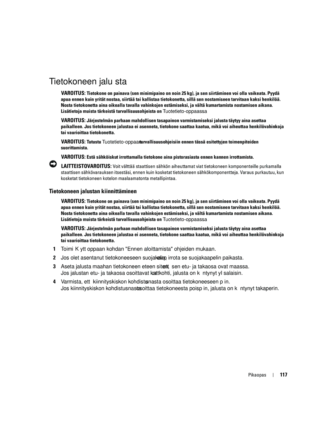 Dell PD050 manual Tietokoneen jalu sta, Tietokoneen jalustan kiinnittäminen, 117 