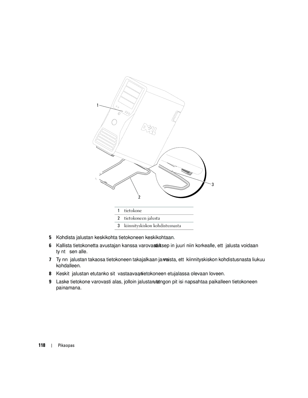 Dell PD050 manual Tietokone Tietokoneen jalusta Kiinnityskiskon kohdistusnasta 