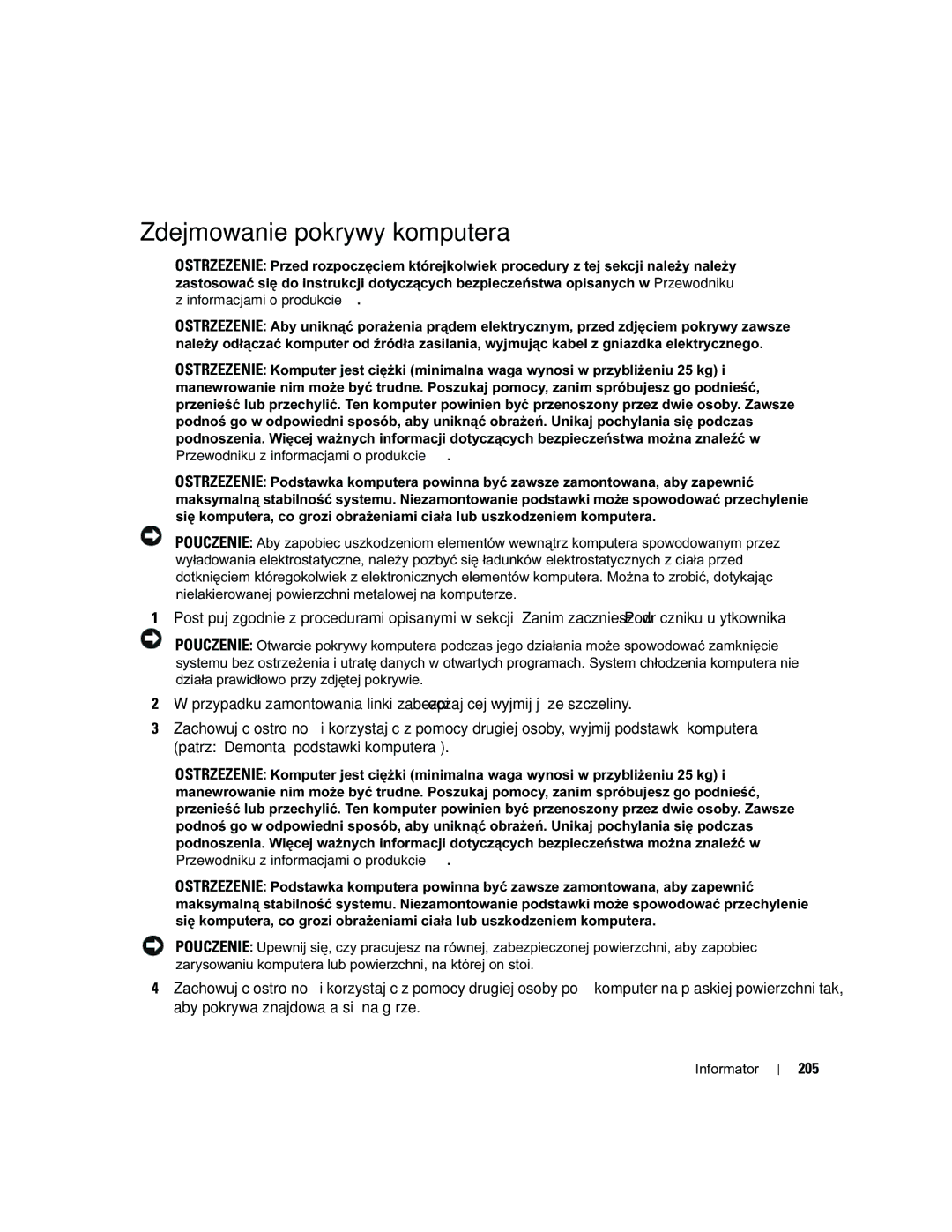 Dell PD050 manual Zdejmowanie pokrywy komputera, 205 