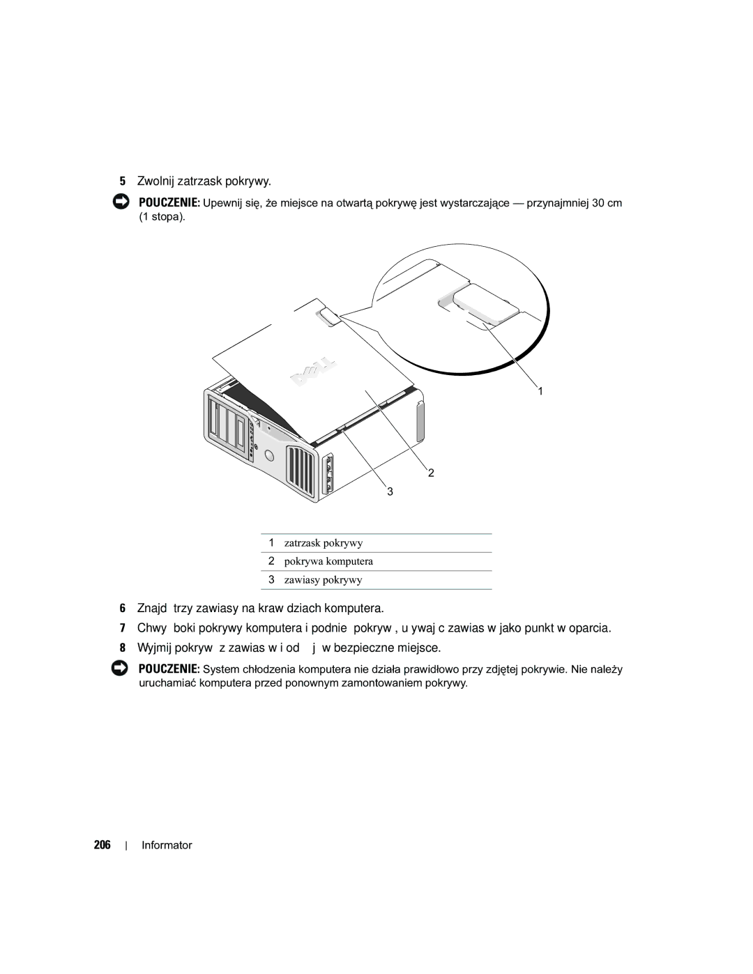 Dell PD050 manual Zwolnij zatrzask pokrywy, 206 