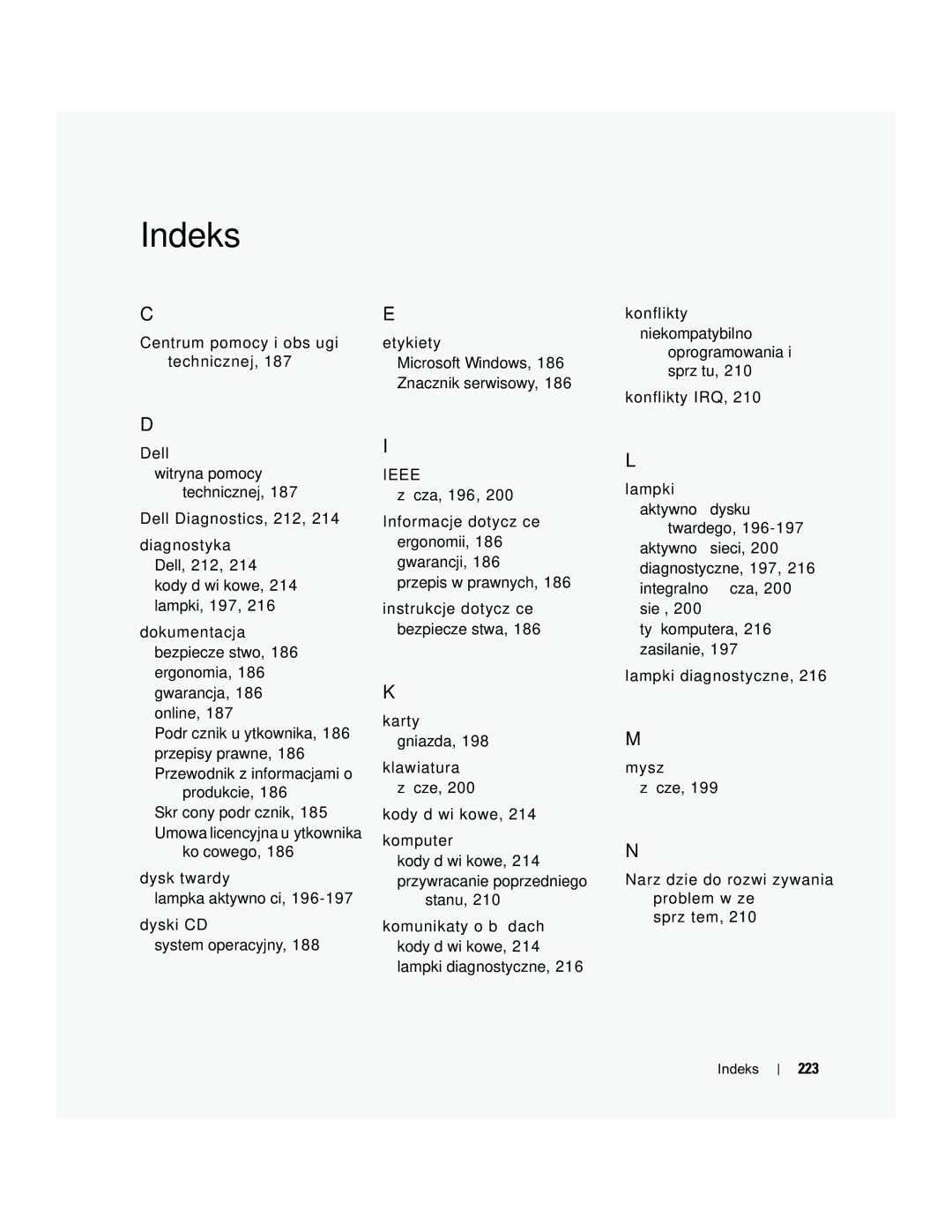 Dell PD050 manual Karty gniazda Klawiatura złącze Kody dźwiękowe Komputer, 223, Microsoft Windows, 186 Znacznik serwisowy 