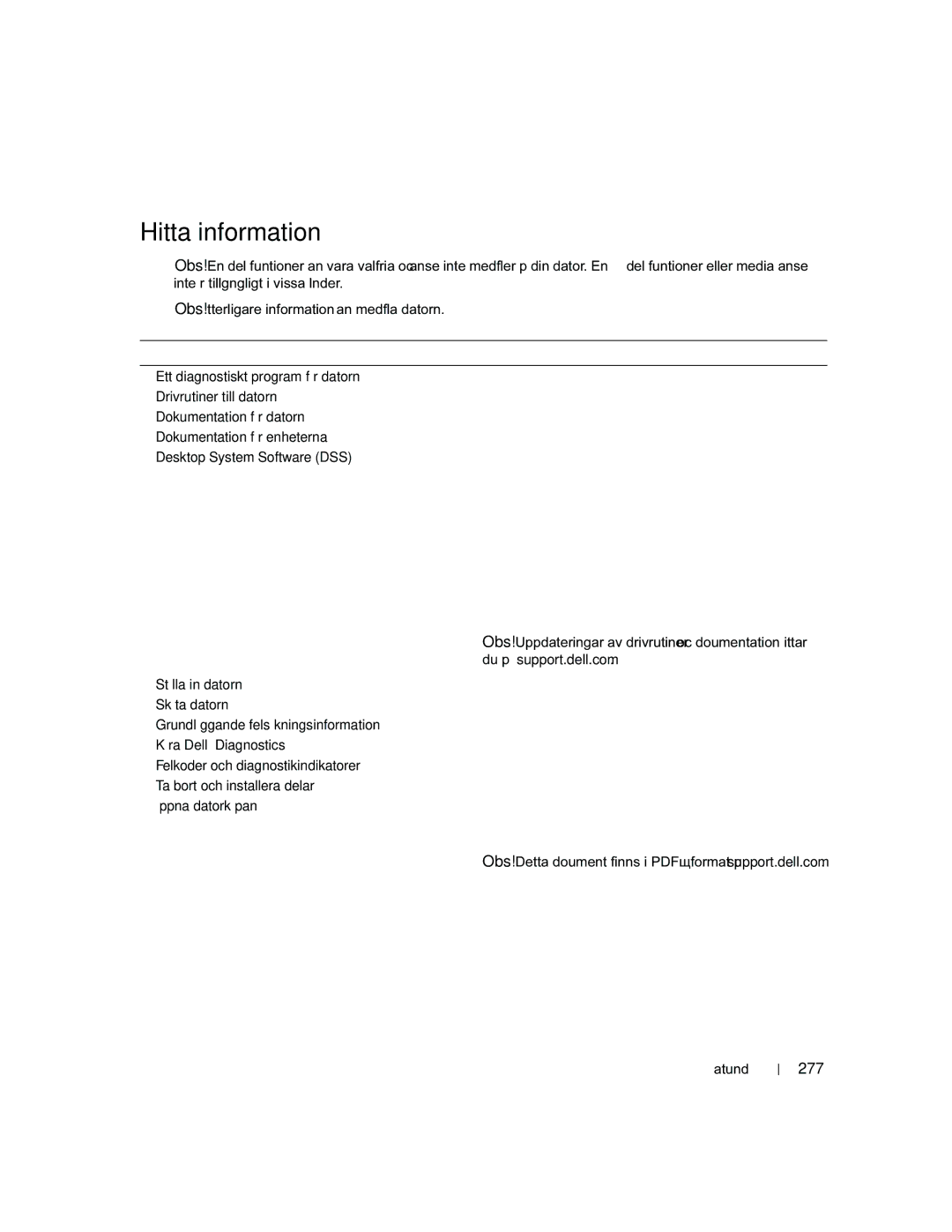 Dell PD050 Hitta information, 277, CDn Drivers and Utilities Drivrutiner och verktyg, Kallas även Resource CD, Lathund 