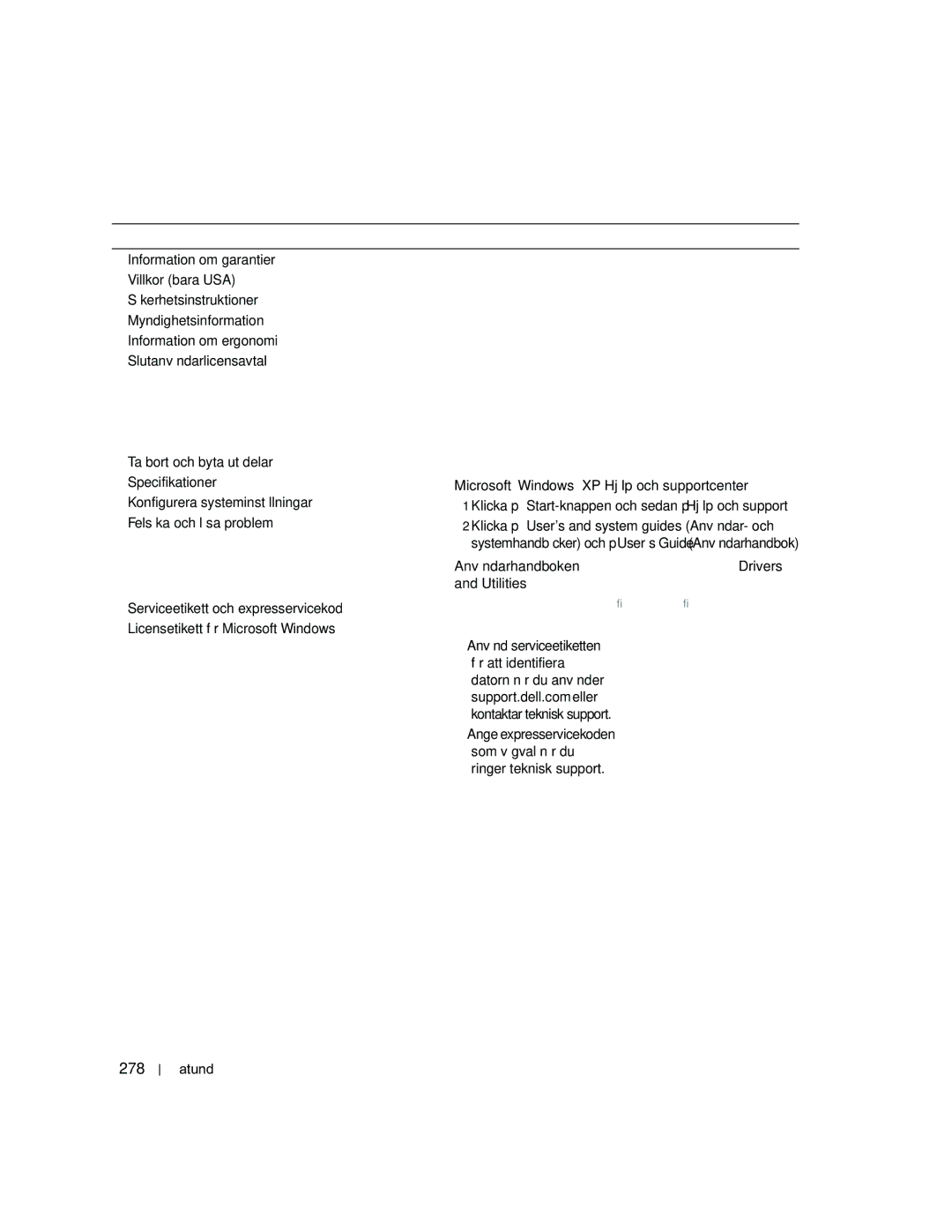 Dell PD050 manual 278, Användarhandbok, MicrosoftWindows XP Hjälp och supportcenter 