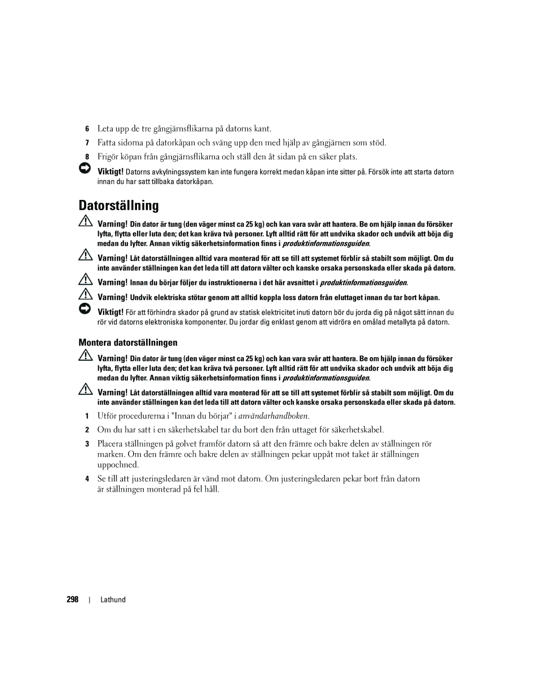 Dell PD050 manual Datorställning, Montera datorställningen, 298 