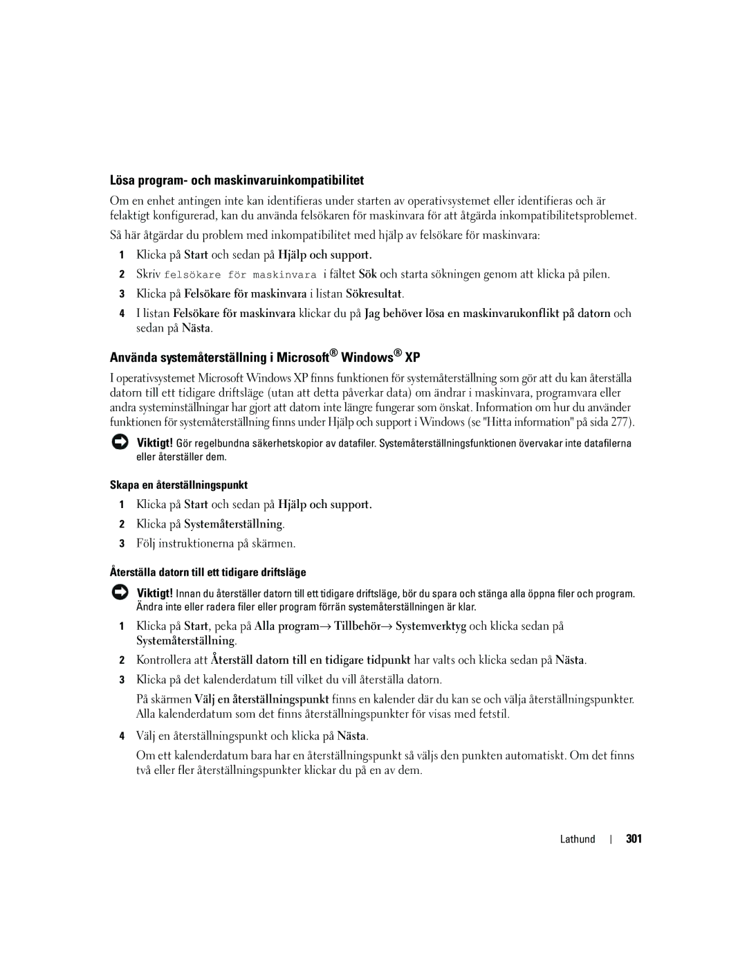 Dell PD050 manual Lösa program- och maskinvaruinkompatibilitet, Använda systemåterställning i Microsoft Windows XP, 301 