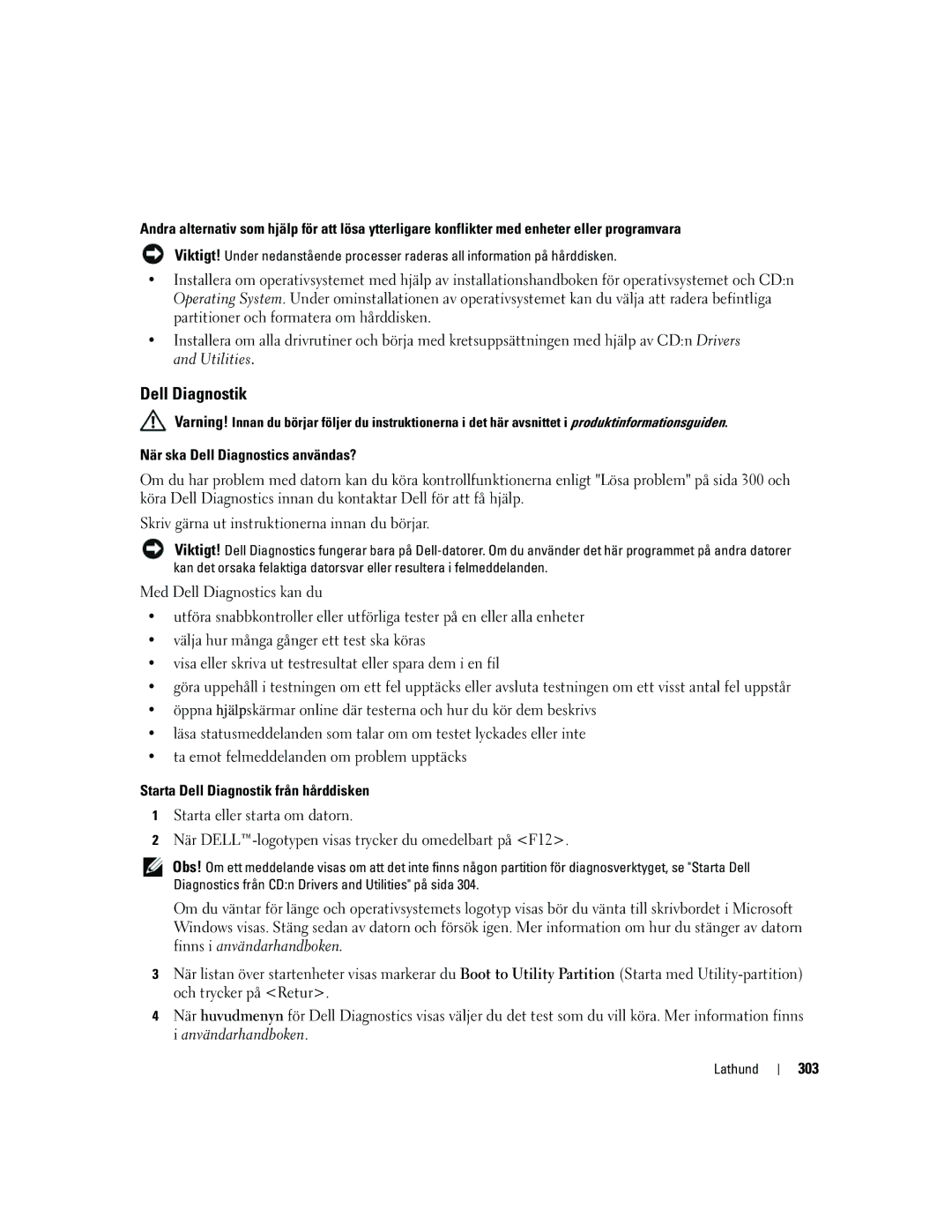 Dell PD050 manual När ska Dell Diagnostics användas?, Starta Dell Diagnostik från hårddisken, 303 