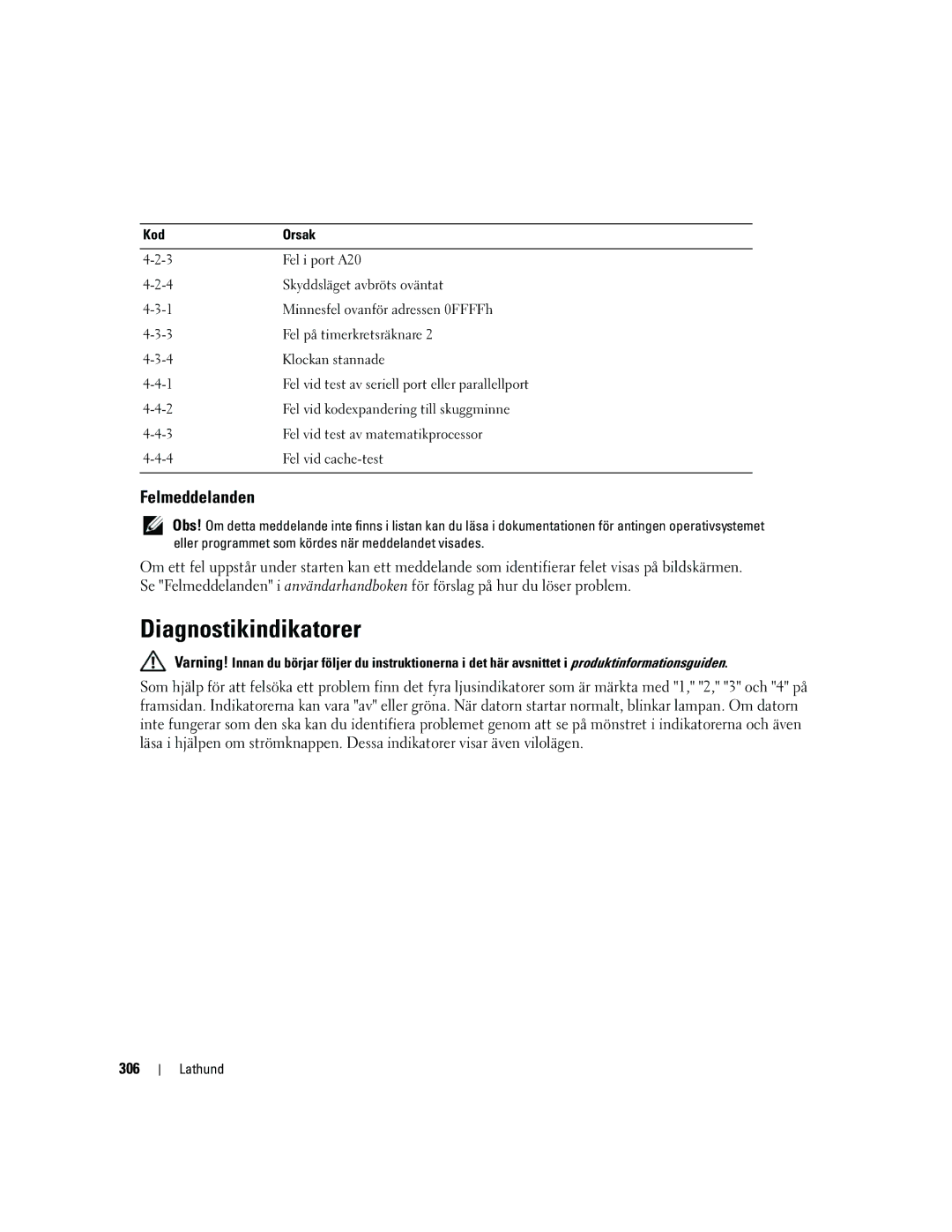 Dell PD050 manual Diagnostikindikatorer, Felmeddelanden, 306 