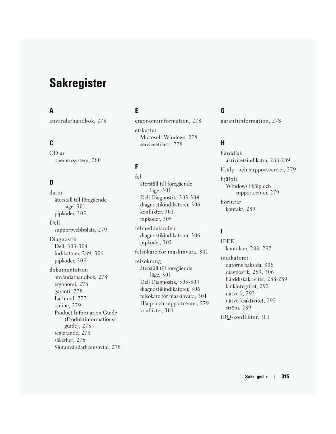 Dell PD050 manual 315, Sakregister 